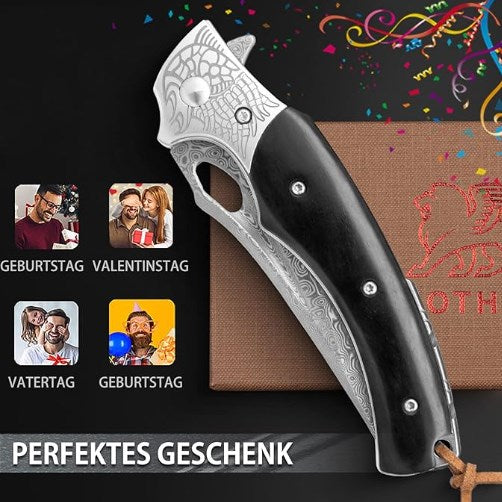 LOTHAR KRAKEN Taschenmesser, Damast Klappmesser aus 67 Lagen VG10 Damaststahl, Damast Taschenmesser mit Scharfe Klinge und Ebenholzgriff, Damastmesser für Sammlung oder Geschenk (Ebenholz)