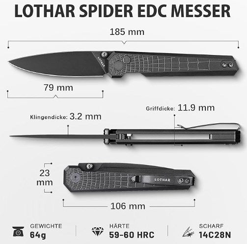 LOTHAR SPIDER Taschenmesser, 7.8 CM Scharfe 14C28N Stahl Klinge Klappmesser, Einhandmesser mit Aluminium Griff, Button Lock EDC Messer mit Clip, Sammlung & Geschenk