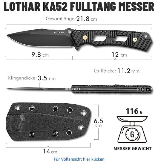 LOTHAR KA52 Jagdmesser, 9.8cm Full Tang Outdoor Messer aus D2 Stahl, G10 Griff Survival Messer mit Kydex Scheide,Bushcraft Messer für Outdoor Liebhaber