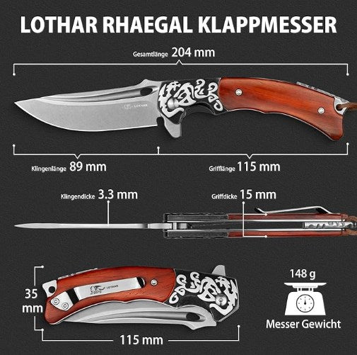 LOTHAR RHAEGAL Klappmesser, 8.9CM 14C28N Stahl Taschenmesser mit Holzgriff, EDC Messer, Gürtelclip, Ideal für Sammlung oder Geschenk (Ebenholz)