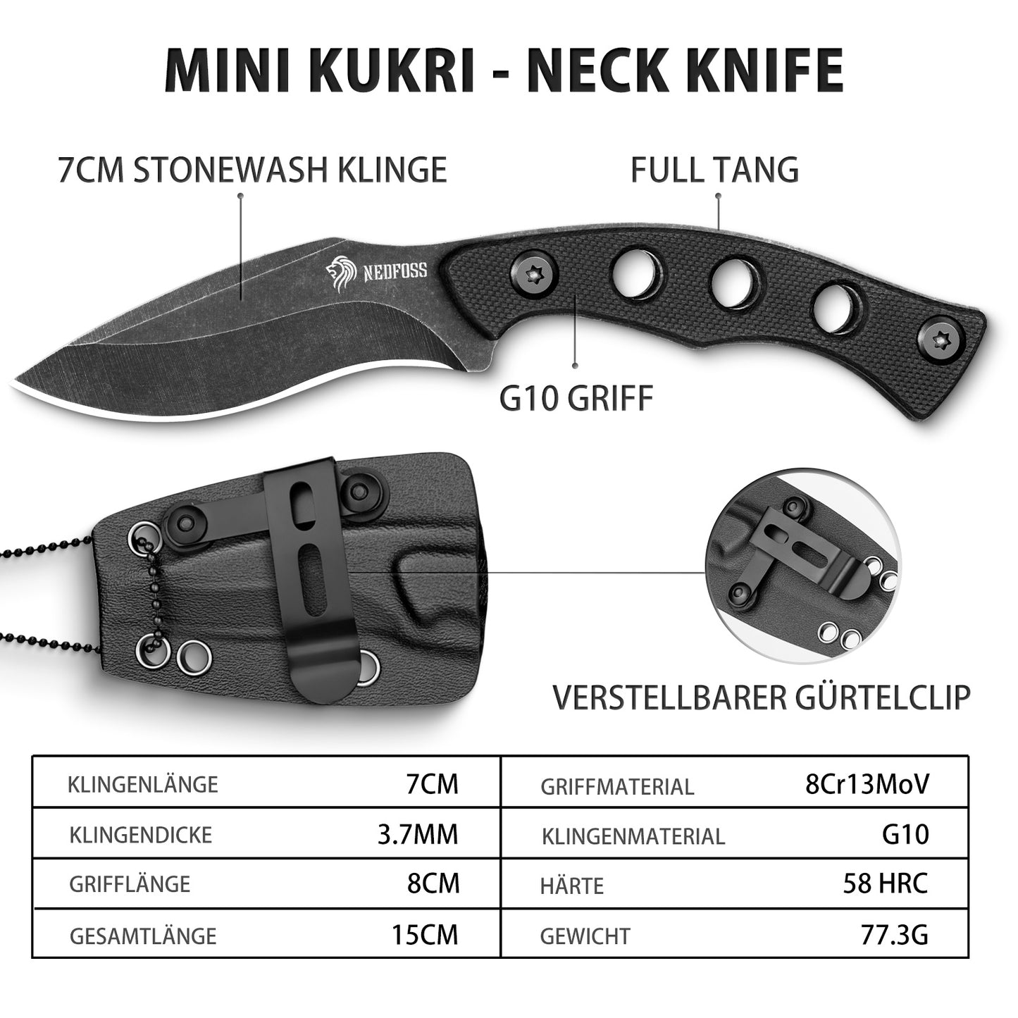 NedFoss SQUIRRE Neck Knife Messer mit Kette, Full Tang, Mini Outdoor Messer, Bushcraft Messer mit schwarze Kydex Scheide