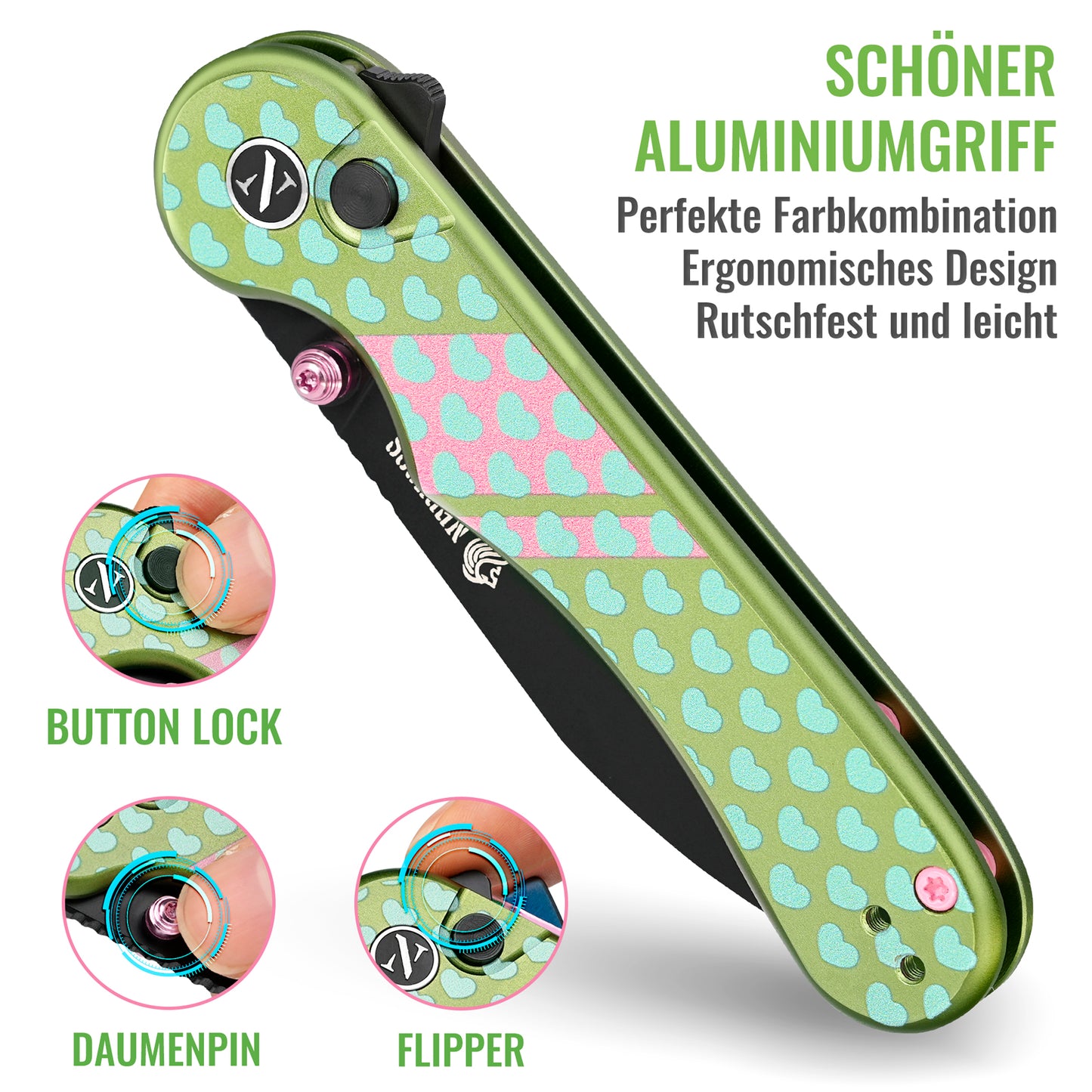 NedFoss DOPAMINE Klappmesser, 7.5CM 14C28N Stahl Taschenmesser mit Button-Lock, Einhandmesser mit Aluminium-Griff, Outdoor Messer mit Gürtelclip, Survival Messer für den Alltag, Sammlung & Geschenk