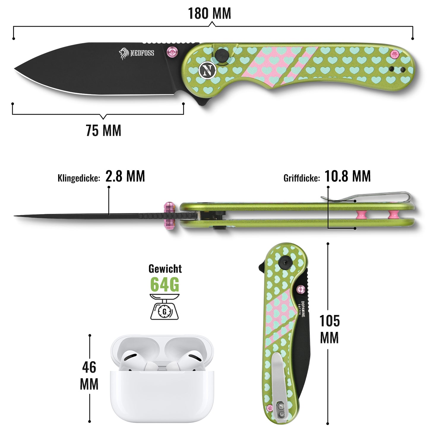 NedFoss DOPAMINE Klappmesser, 7.5CM 14C28N Stahl Taschenmesser mit Button-Lock, Einhandmesser mit Aluminium-Griff, Outdoor Messer mit Gürtelclip, Survival Messer für den Alltag, Sammlung & Geschenk