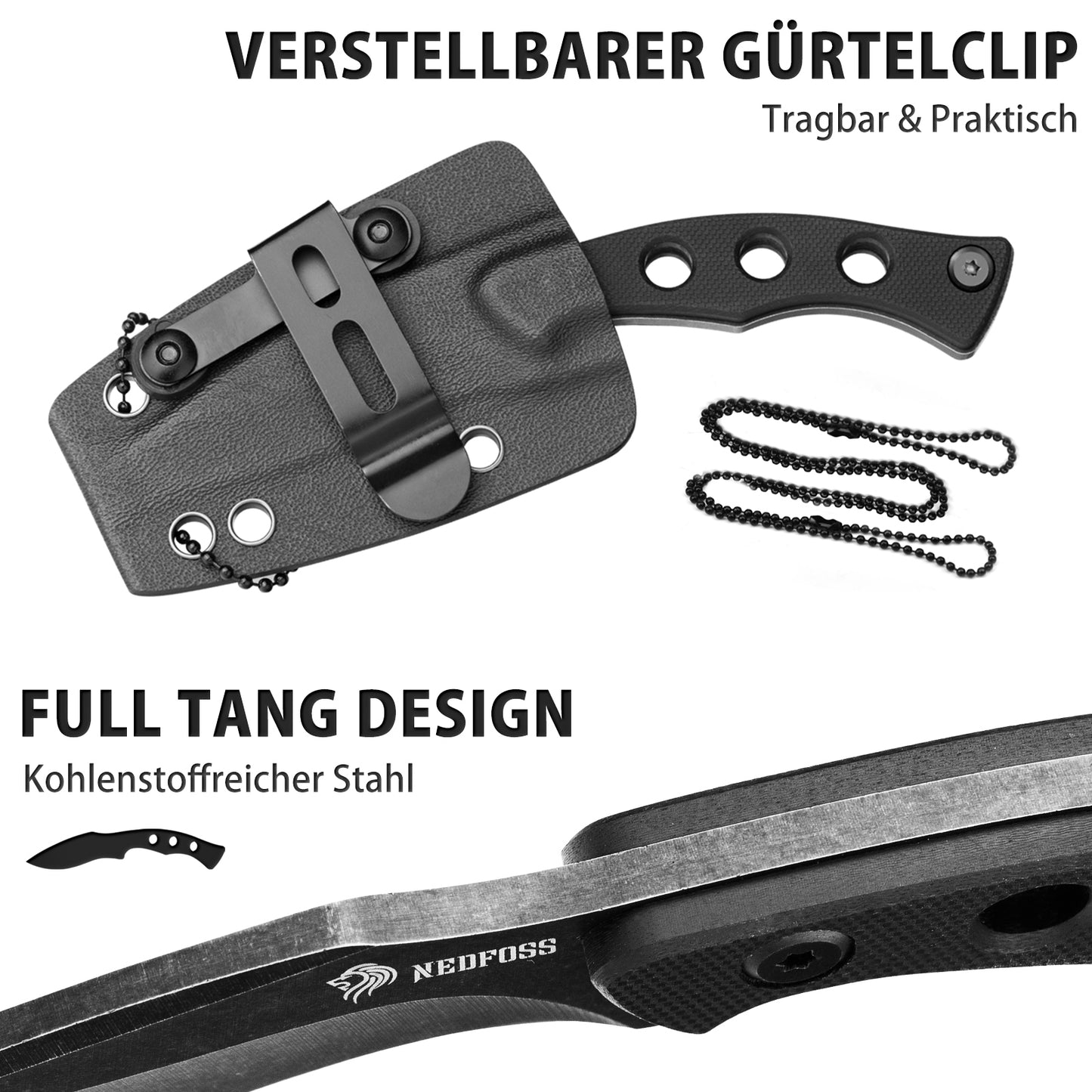 NedFoss SQUIRRE Neck Knife Messer mit Kette, Full Tang, Mini Outdoor Messer, Bushcraft Messer mit schwarze Kydex Scheide