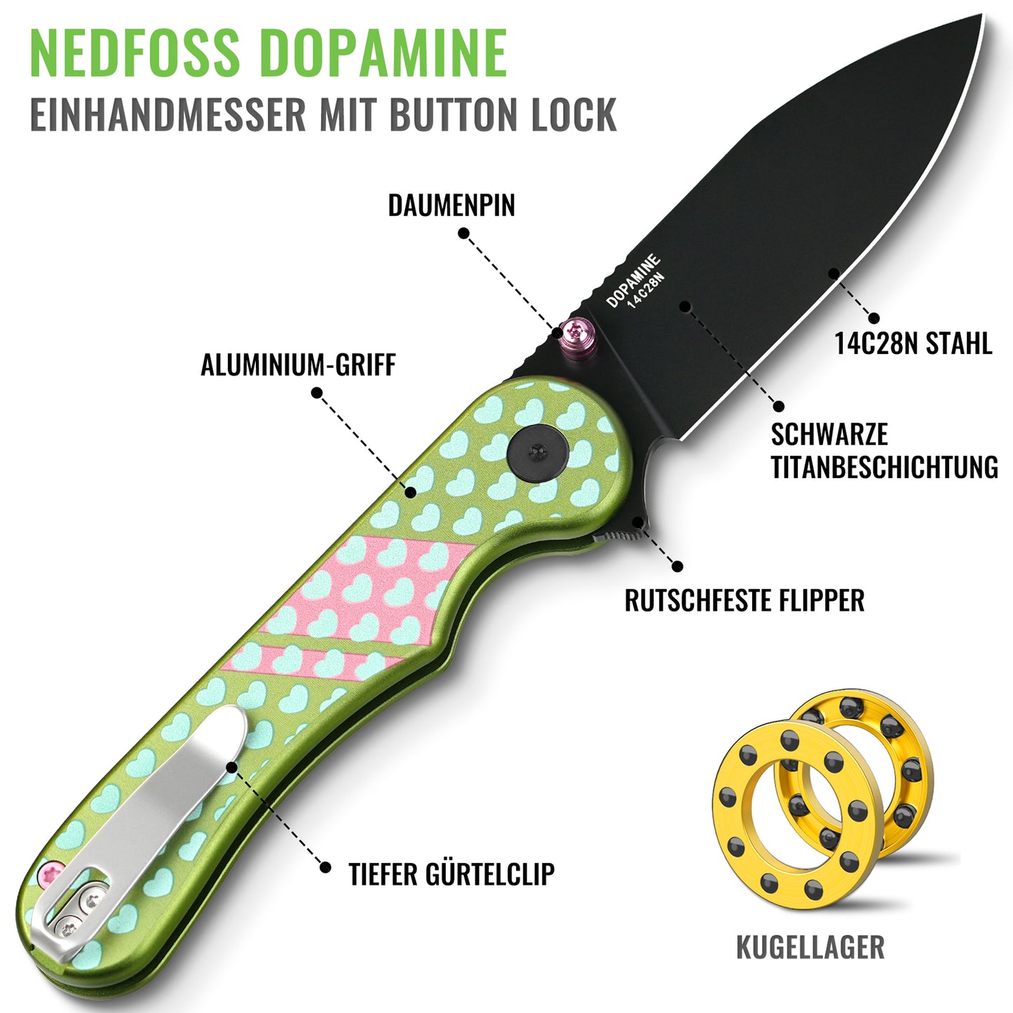 NedFoss DOPAMINE Klappmesser, 7.5CM 14C28N Stahl Taschenmesser mit Button-Lock, Einhandmesser mit Aluminium-Griff, Outdoor Messer mit Gürtelclip, Survival Messer für den Alltag, Sammlung & Geschenk