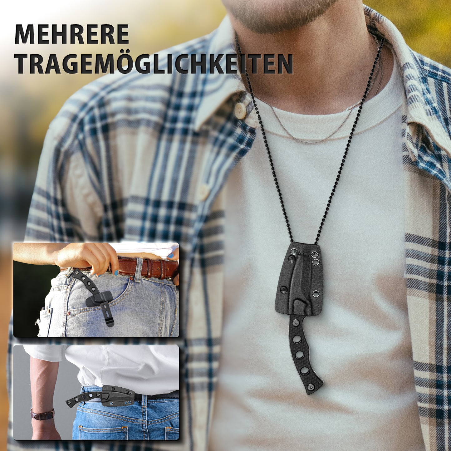 NedFoss SQUIRRE Neck Knife Messer mit Kette, Full Tang, Mini Outdoor Messer, Bushcraft Messer mit schwarze Kydex Scheide