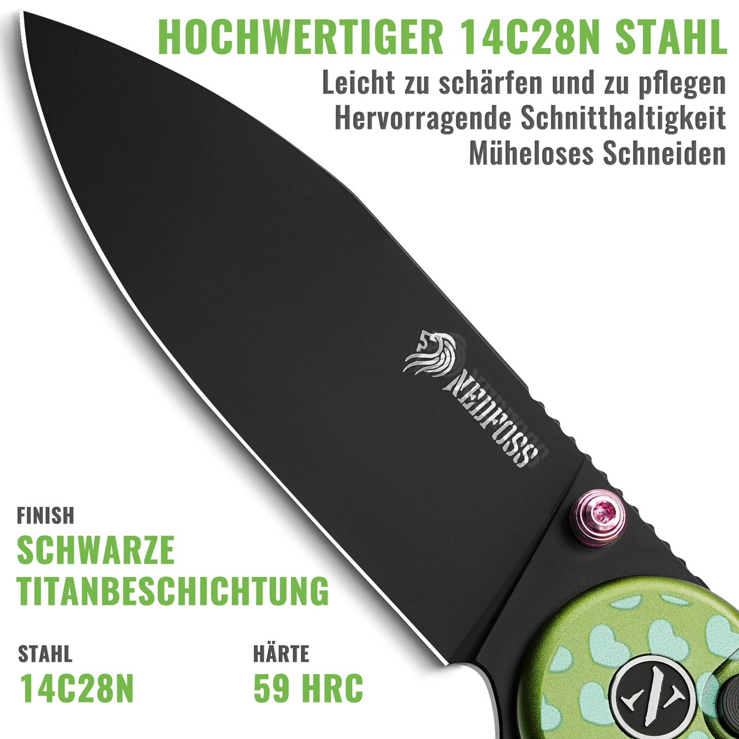 NedFoss DOPAMINE Klappmesser, 7.5CM 14C28N Stahl Taschenmesser mit Button-Lock, Einhandmesser mit Aluminium-Griff, Outdoor Messer mit Gürtelclip, Survival Messer für den Alltag, Sammlung & Geschenk