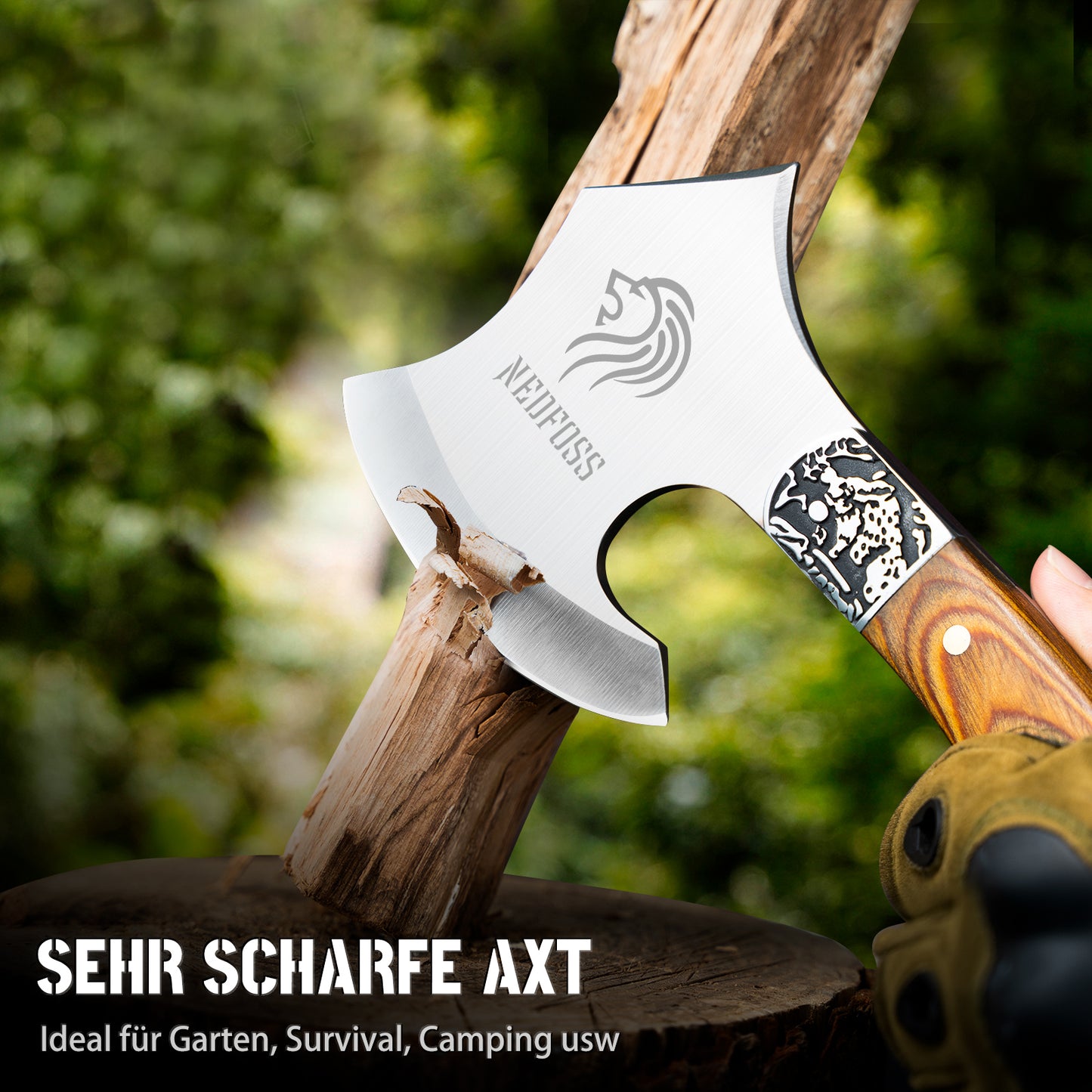 NedFoss WARTHOG Axt & Camping Axt, Outdoor - Axt | Survival-Axt, Erwachsene Äxte Camping Hatchet Beil, inkl. Kopftasche, Holz Griff