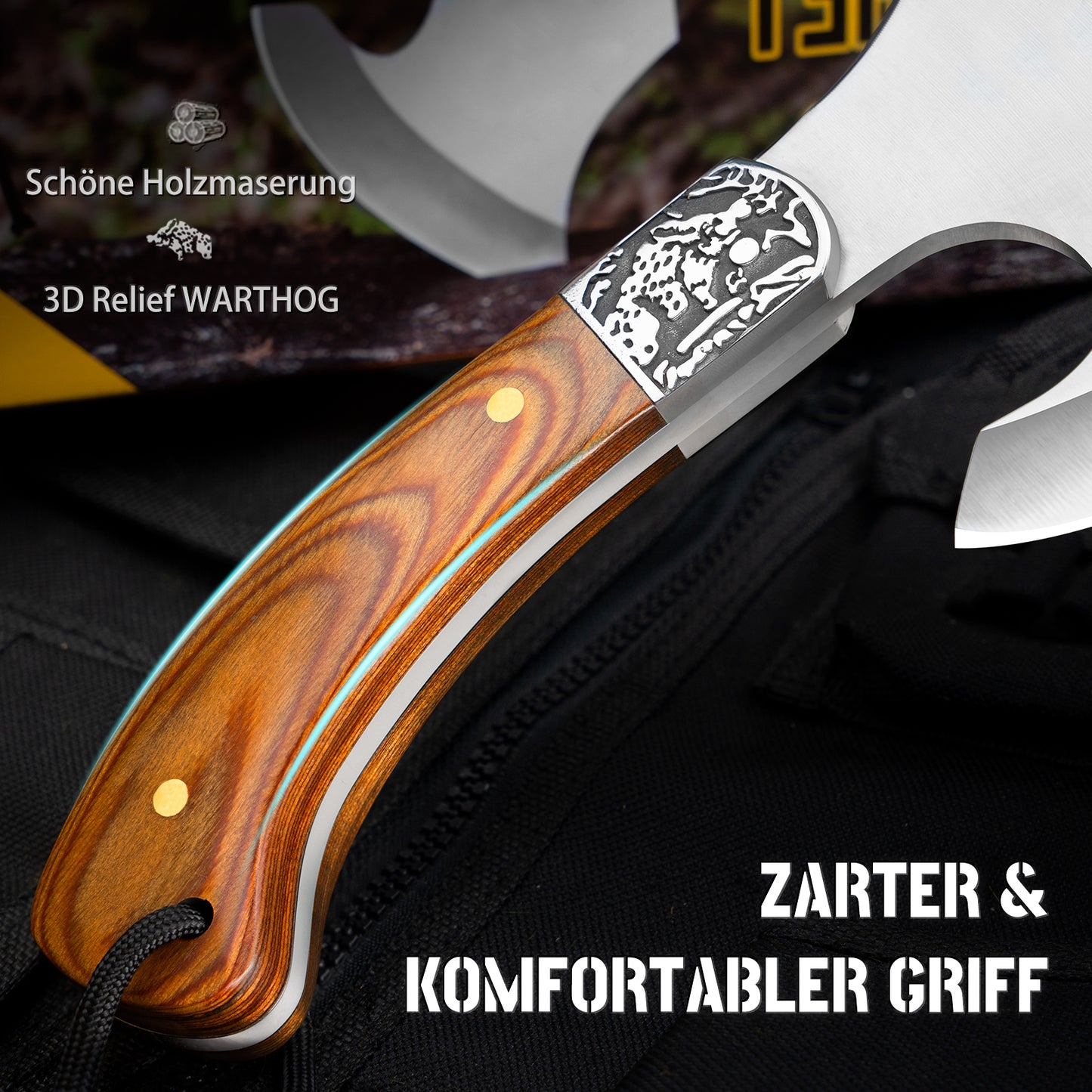 NedFoss WARTHOG Axt & Camping Axt, Outdoor - Axt | Survival-Axt, Erwachsene Äxte Camping Hatchet Beil, inkl. Kopftasche, Holz Griff