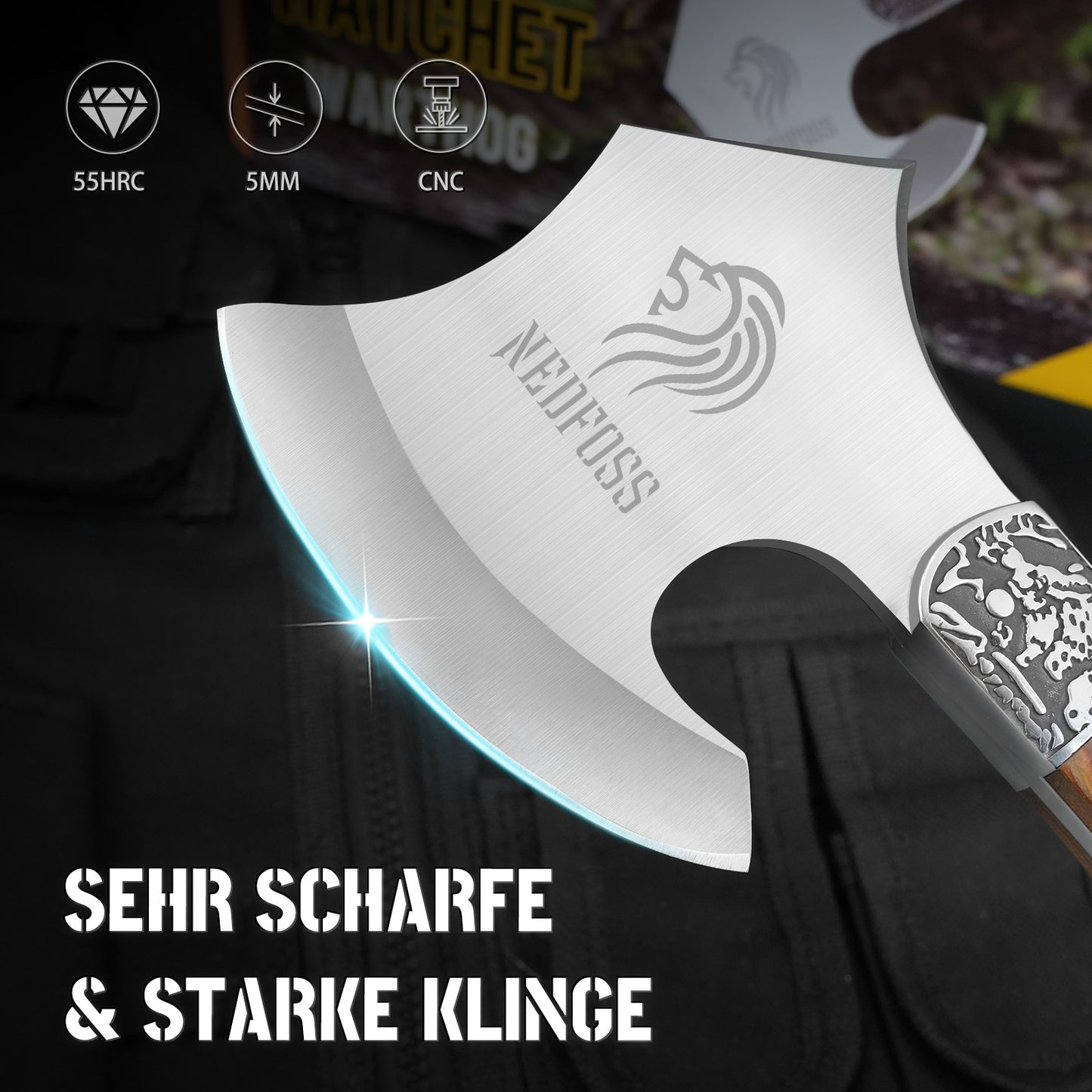 NedFoss WARTHOG Axt & Camping Axt, Outdoor - Axt | Survival-Axt, Erwachsene Äxte Camping Hatchet Beil, inkl. Kopftasche, Holz Griff