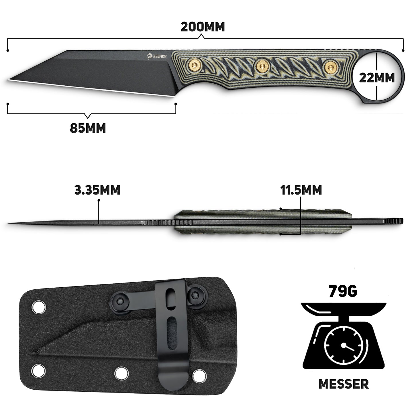 NedFoss RAVEN Jagdmesser, 8.5cm 14C28N Stahl Full Tang legales Outdoor Messer mit G10 Griff & Verstellbarer Clip, Kleines Survival Messer mit Kydexscheide, Bushcraft messer 42a konform, Edc Messer