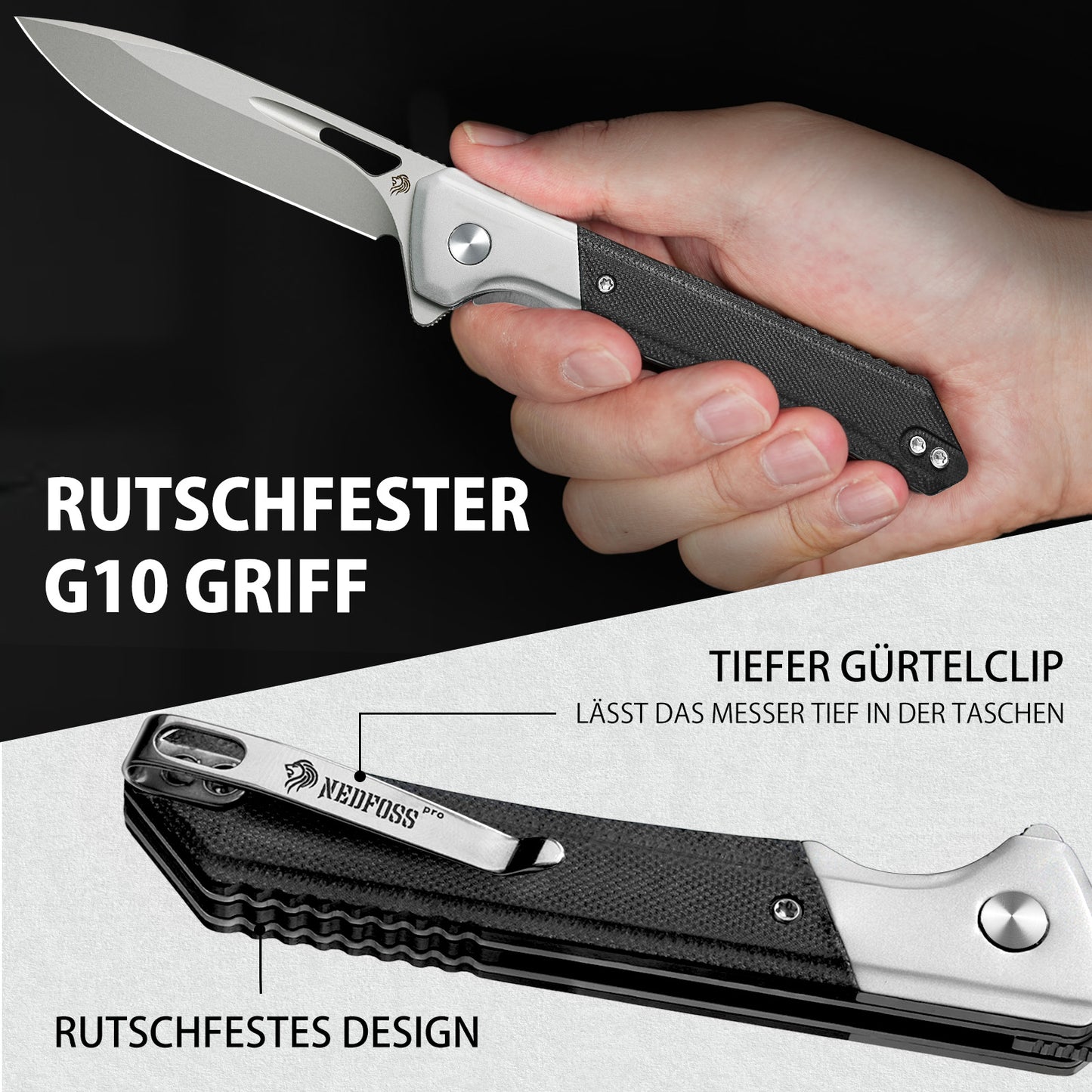 Nedfoss ELF Klappmesser, Scharfes Taschenmesser aus D2 Stahl und G10 Griff, EDC messer mit Gürtelclip