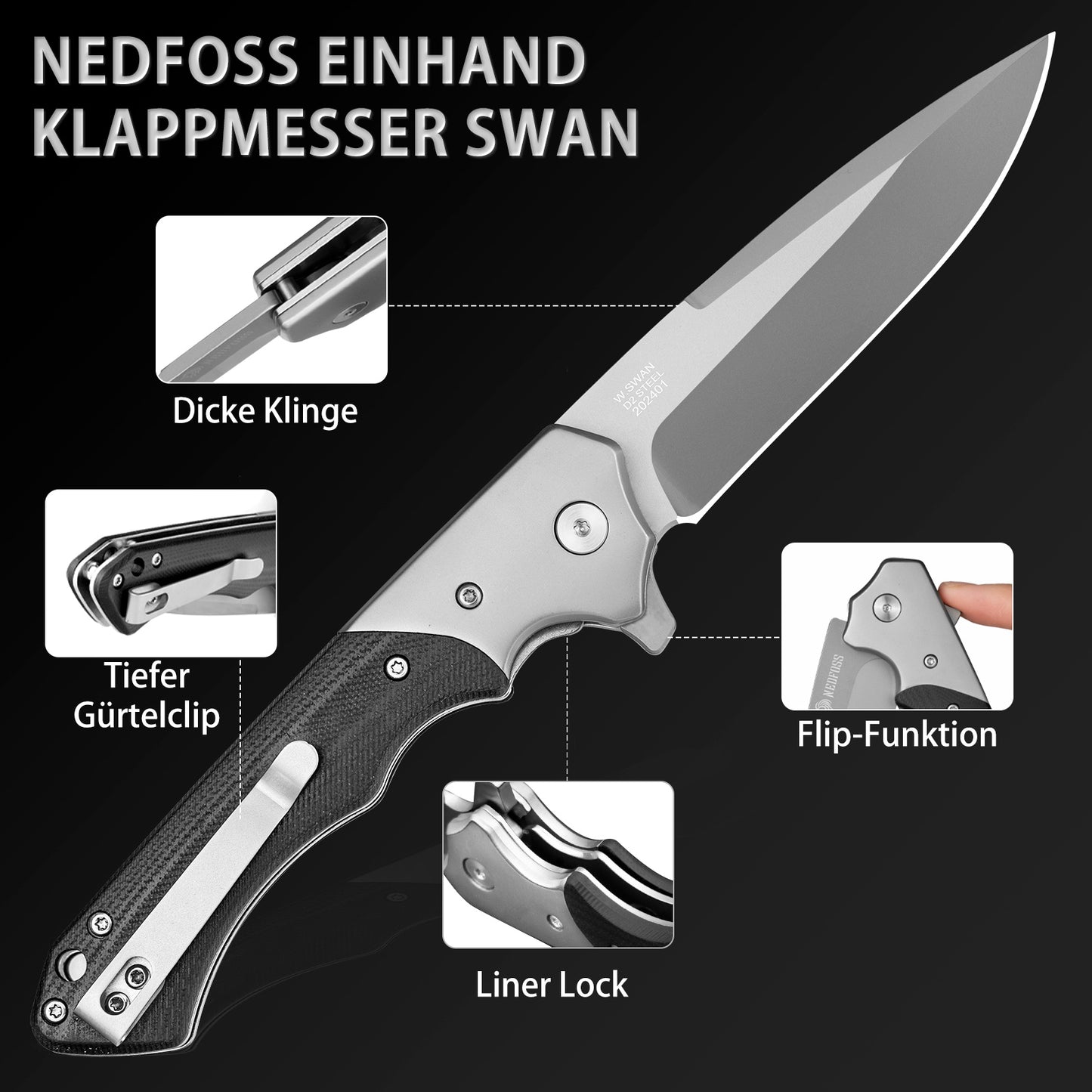 NedFoss SWAN Klappmesser scharf,Taschenmesser klappmesser, Scharfes Klappmesser Outdoor Messer aus D2 Stahl,Jagdmesser mit G10 Griff, Einhandmesser,Survival Klappmesser mit Gürtelclip