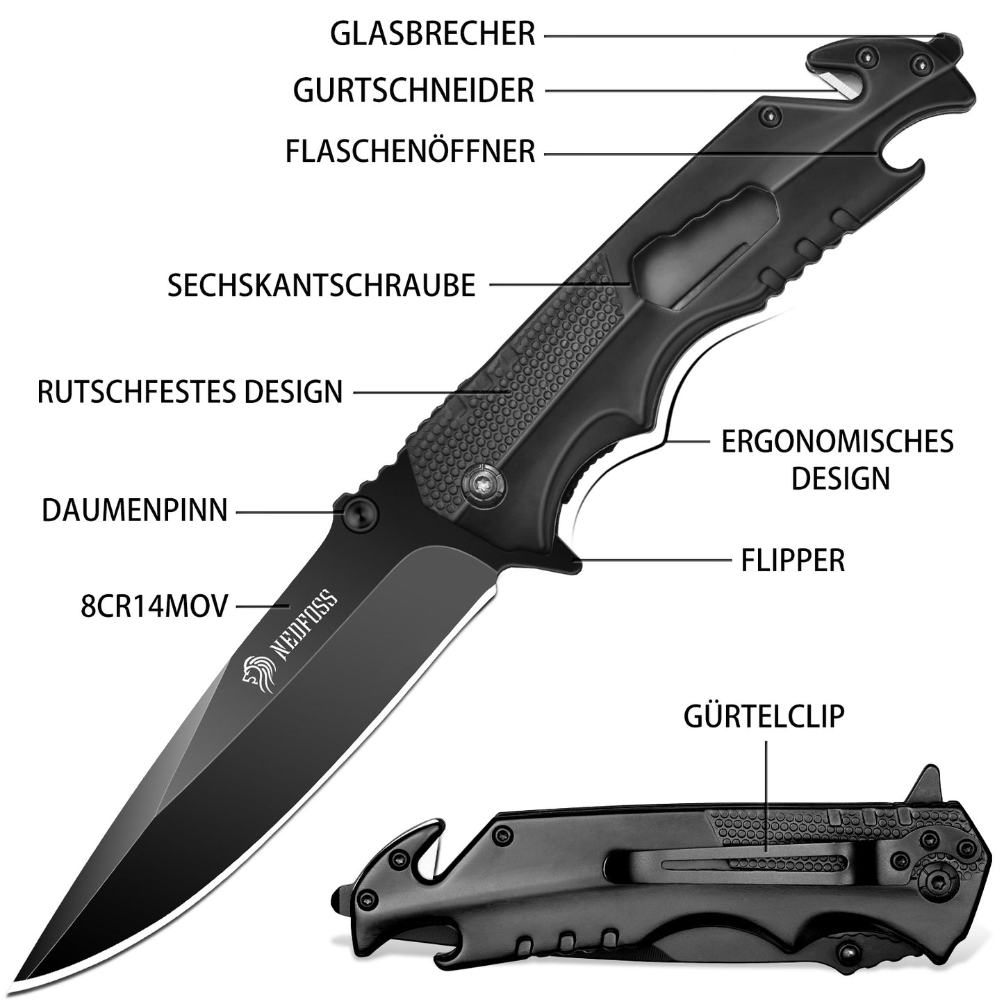 NedFoss FA48 Klappmesser, 4-in-1 Outdoor Taschenmesser, Survival Einhandmesser, Scharfes Rettungsmessermit Flascheöffner, Gurtschneider und Glasbrecher