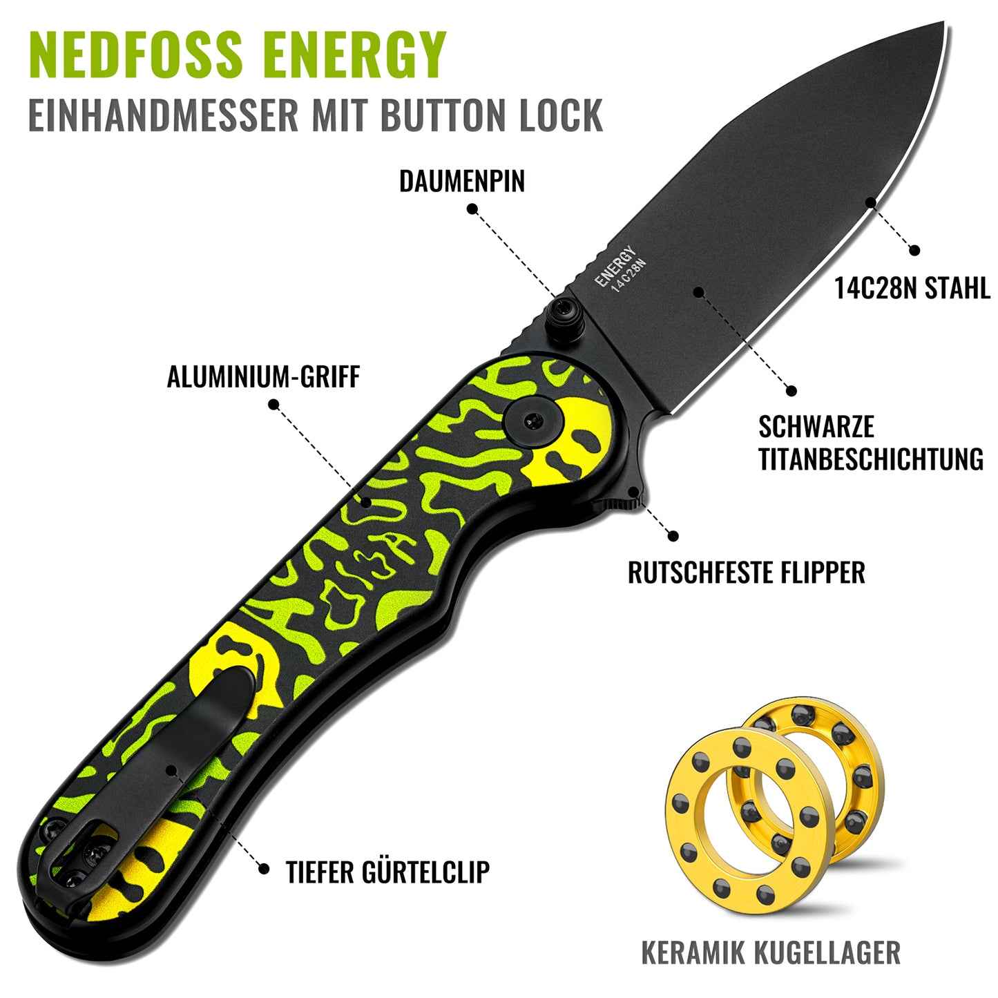 NedFoss ENERGY Klappmesser, 7.5CM 14C28N Stahl Taschenmesser mit Button-Lock, Einhandmesser mit Aluminium-Griff, Outdoor Messer mit Gürtelclip, Survival Messer für den Alltag, Sammlung & Geschenk
