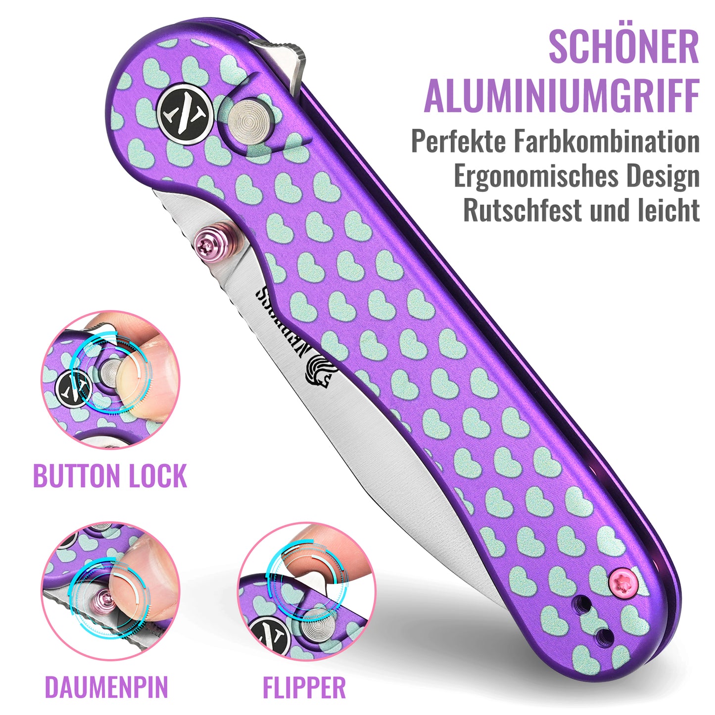 NedFoss SWEETHEART Klappmesser, 7.5CM 14C28N Stahl Taschenmesser mit Button-Lock, Einhandmesser mit Aluminium-Griff, Outdoor Messer mit Gürtelclip, Survival Messer für den Alltag, Sammlung & Geschenk