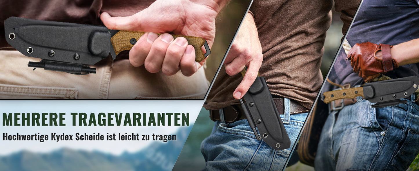 NedFoss BOAR Survival Messer, 10.5cm Full Tang D2 Stahl Outdoor Messer mit Micarta Griff, Sharfe Bushcraft Messer mit Feuerstahl, Jadgmesser mit Kydexholster, Fahrtenmesser für Camping, Angeln