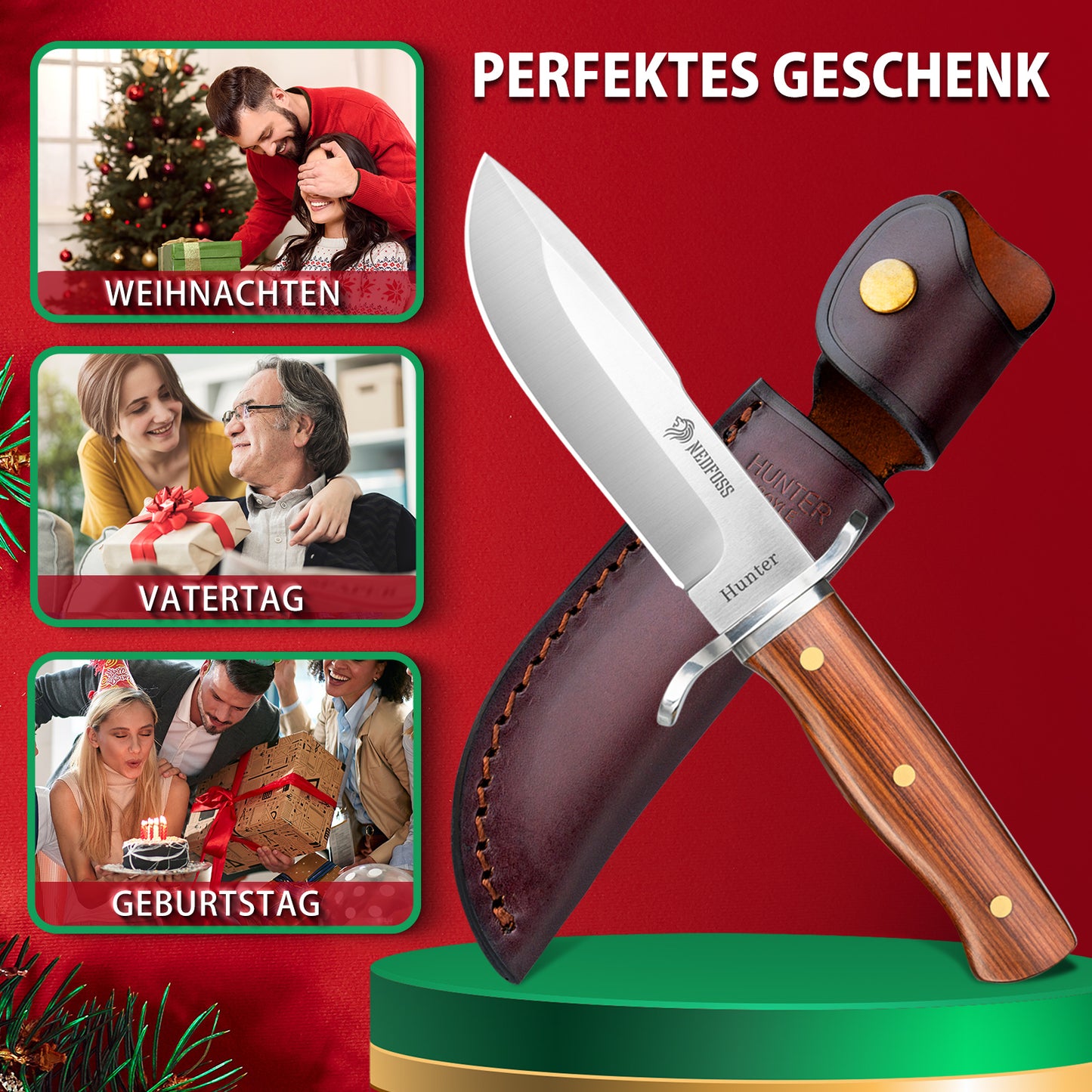 NedFoss HUNTER Jagdmesser, 11cm Bowiemesser aus D2 und Rotholzgriff mit Exquisite Ledertasche, Survival Messer für Outdoor, Extra scharf (Braun)