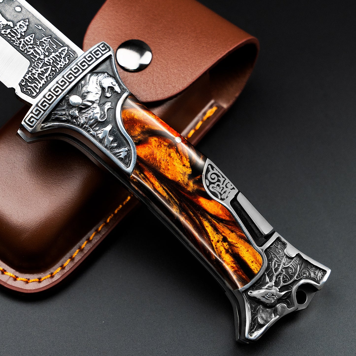 Nedfoss TIGER ROAR Zweihand- Klappmesser, TIGER ROAR Taschenmesser mit Gürtelclip, EDC Messer mit Back Lock, Outdoormesser& Jagd klappmesser in schönes Design, scharf