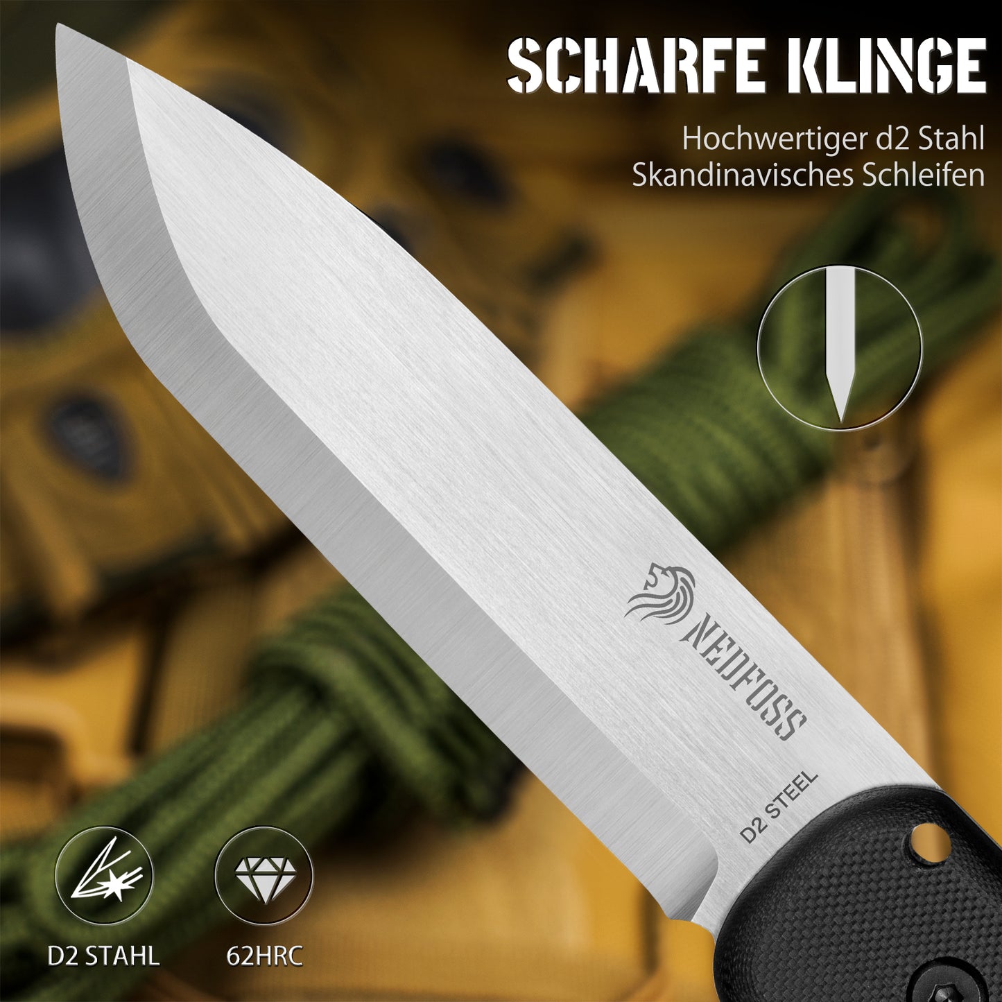 NedFoss BERGLÖWE Outdoor Messer, D2 Stahl Survival Puukko mit Skandi Schliff, 11cm Full Tang Survival Messer mit Feuerstahl, Scharfe Jagdmesser, Perfektes Bushcraft Messer, Designed in Germany