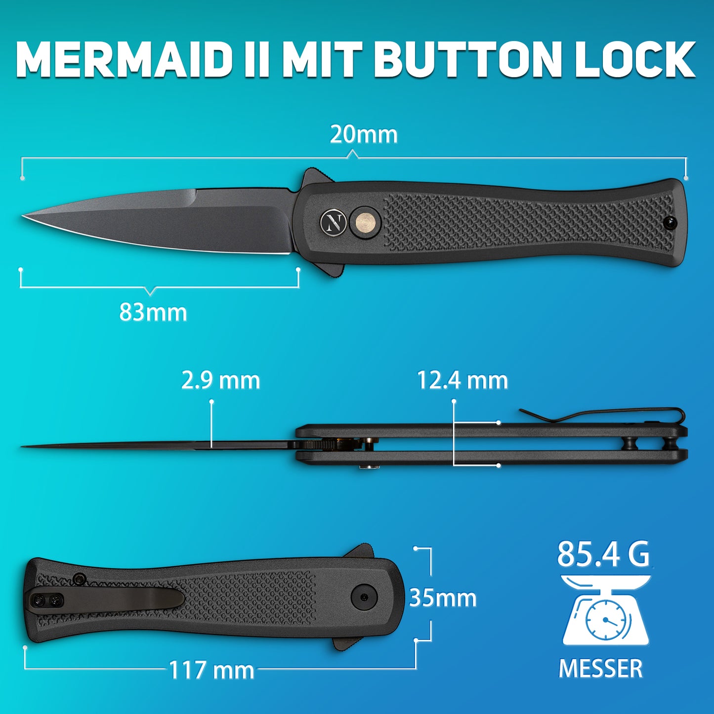 NedFoss MERMAID II Klappmesser, 8.5CM 14C28N Stahl Taschenmesser mit Button-Lock, Einhandmesser mit Aluminium-Griff, Outdoor Messer mit Gürtelclip, Survival Messer für den Alltag, Sammlung & Geschenk