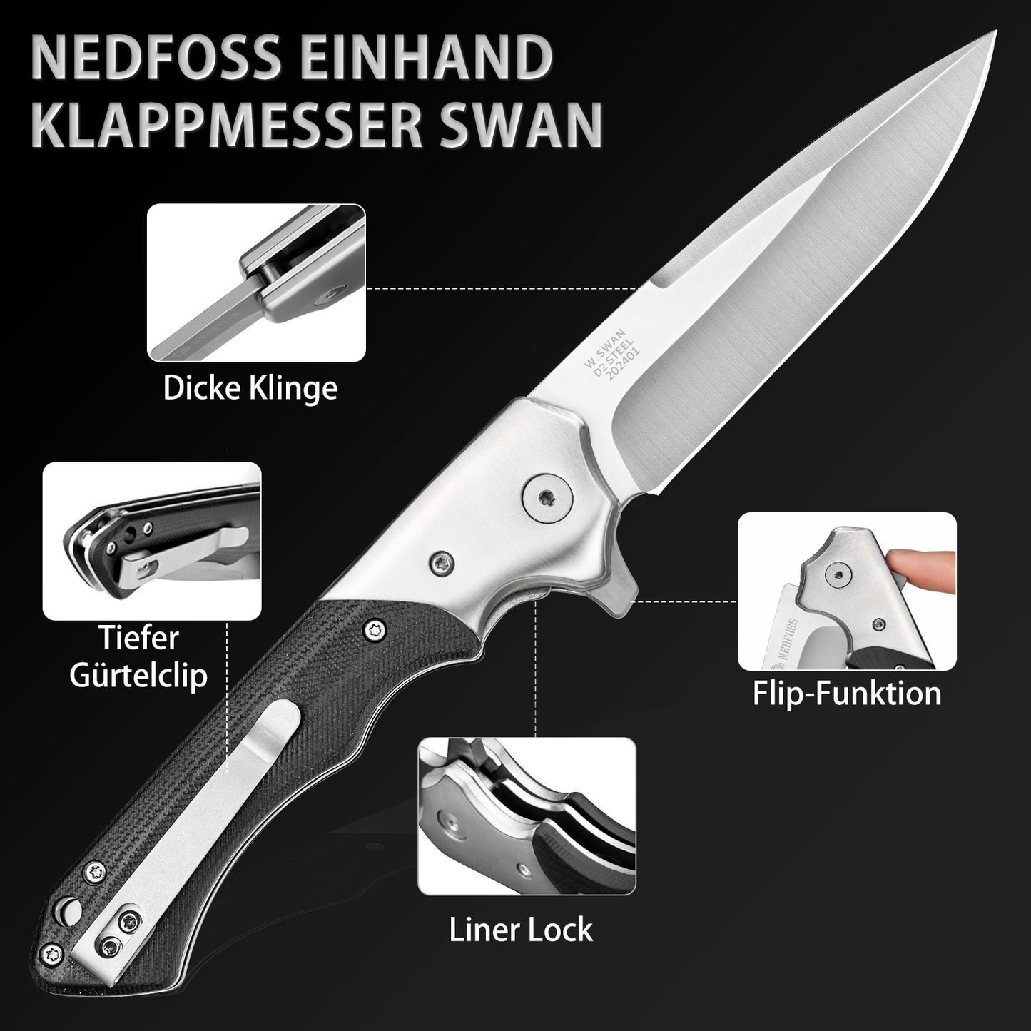 Nedfoss SWAN Klappmesser, D2 Stahl Taschenmesser mit G10 Griff, Scharfes Einhandmesser Klappmesser mit Gürtelclip