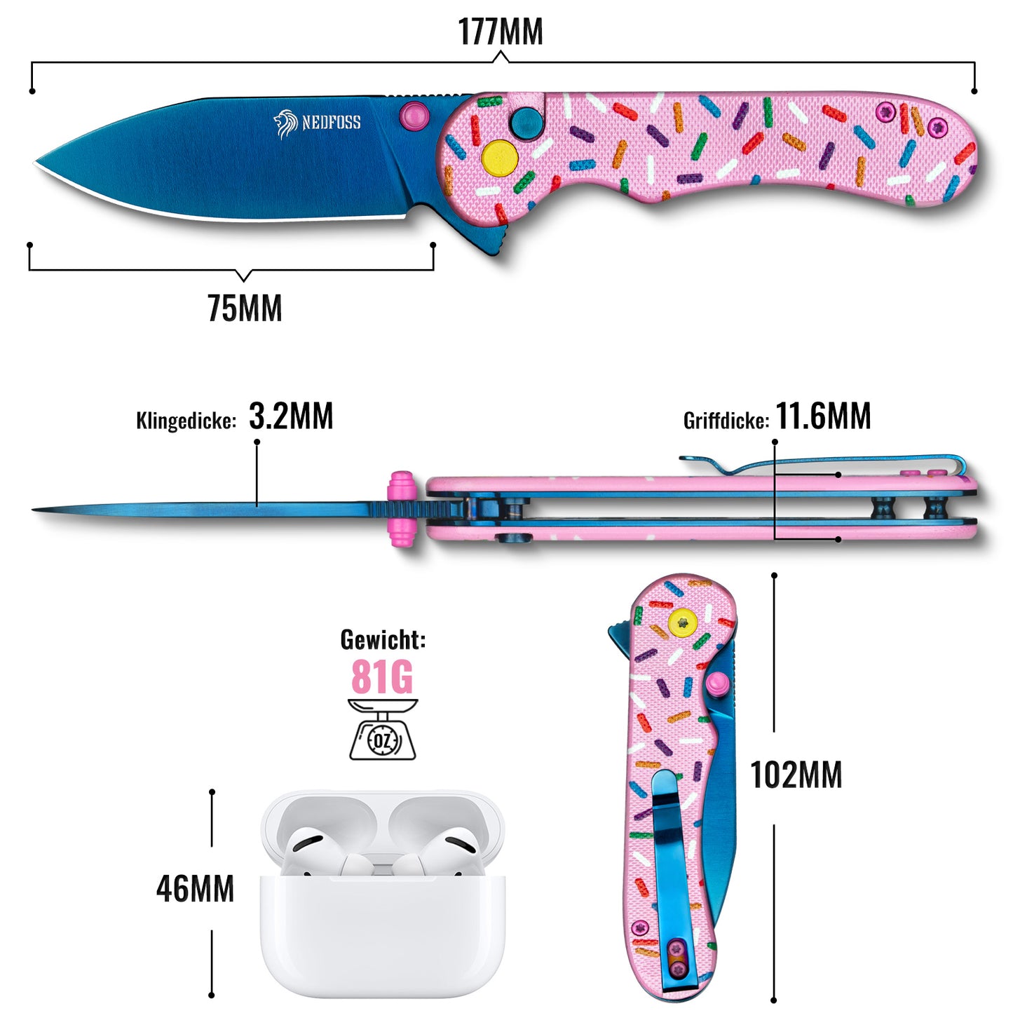 NedFoss DONUT Klappmesser, 7.5cm 14C28N Stahl Taschenmesser mit Button-Lock