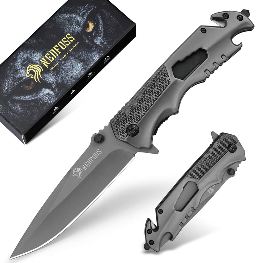 NedFoss FA48 Klappmesser, 4-in-1 Outdoor Taschenmesser, Survival Einhandmesser, Scharfes Rettungsmessermit Flascheöffner, Gurtschneider und Glasbrecher