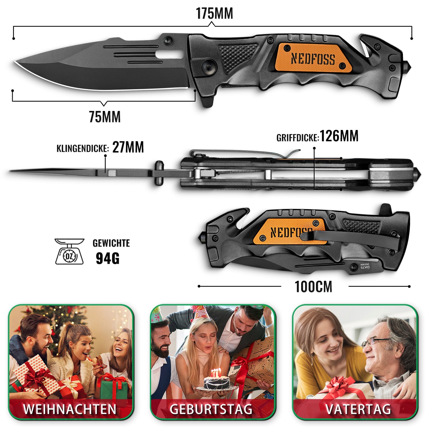 NedFoss DA75 MINI Rettungsmesser, 7.5CM Klappmesser mit Gurtschneider & Glasbrecher, Taschenmesser mit Liner Lock &Kugellager, Einhandmesser für Auto, Outdoor Messer Survival mit Clip in Geschenk-Box