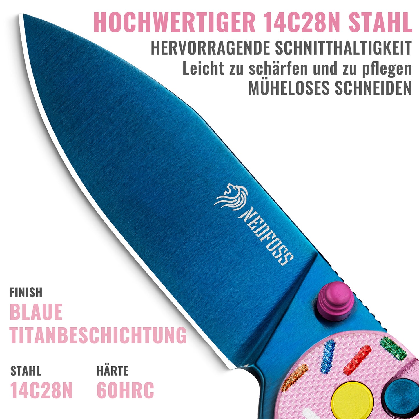 NedFoss DONUT Klappmesser, 7.5cm 14C28N Stahl Taschenmesser mit Button-Lock