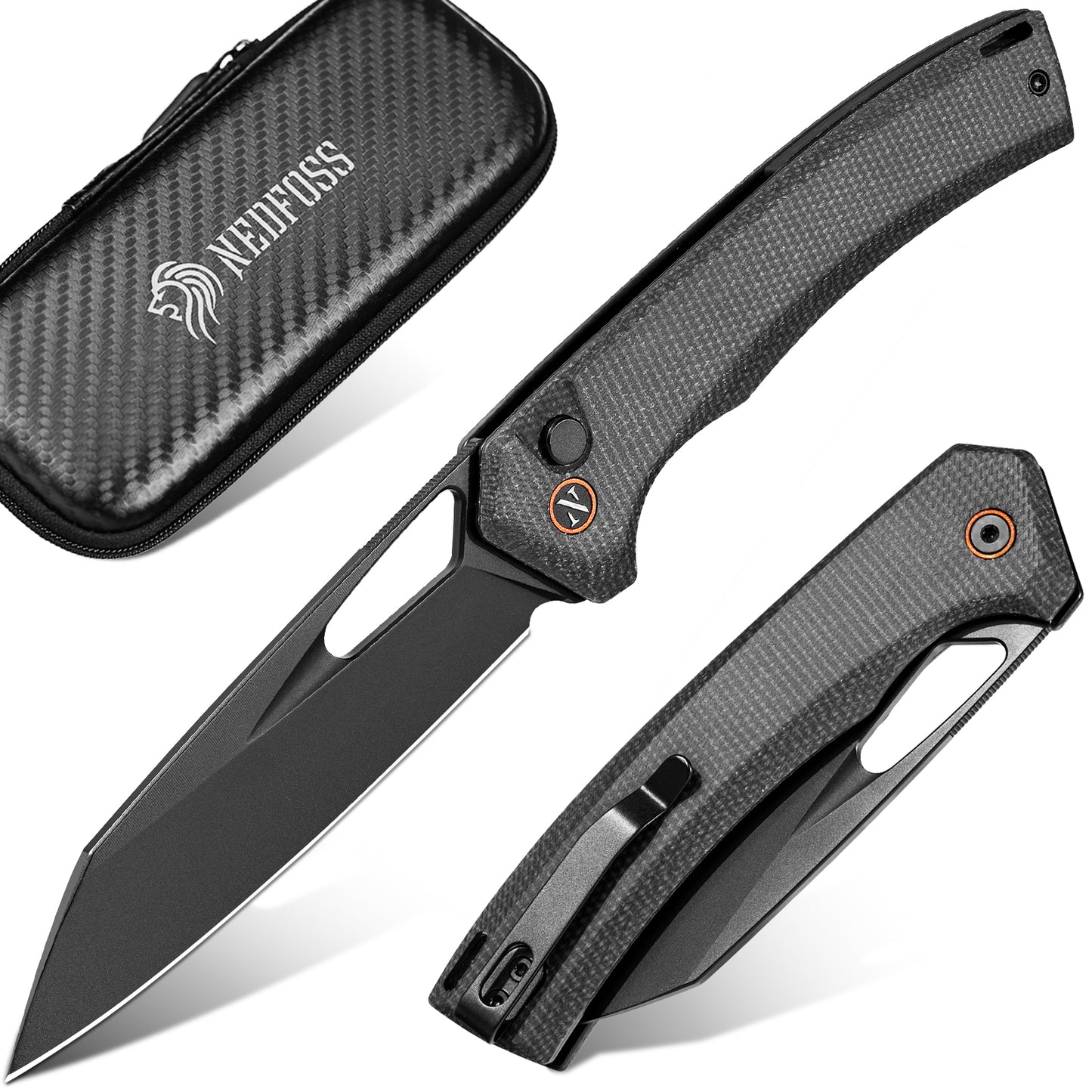 NedFoss MAMBA II Klappmesser, 8.8CM 14C28N Stahl Taschenmesser mit Button-Lock, Einhandmesser mit Micarta Griff, Outdoor Messer mit Gürtelclip, Survival Messer für den Alltag, Sammlung & Geschenk