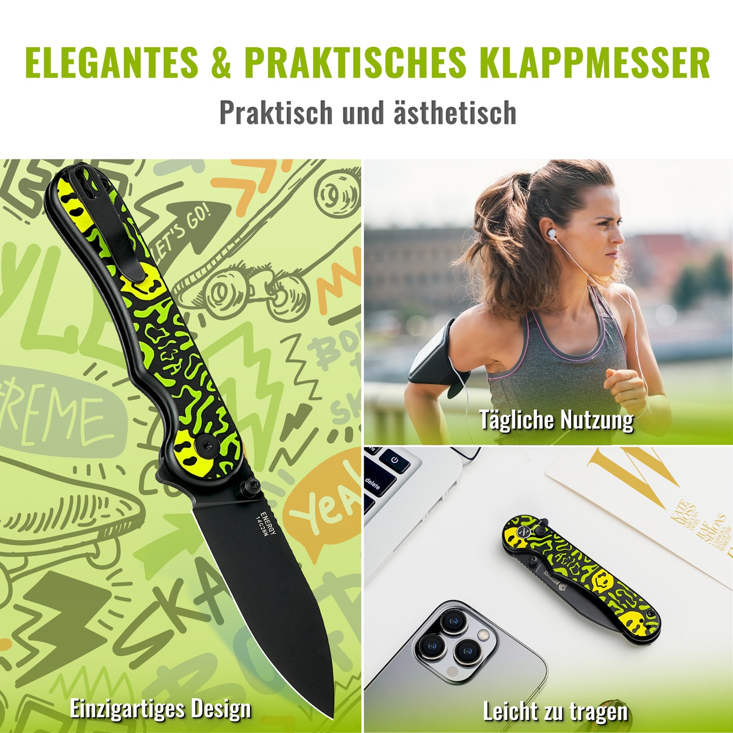 NedFoss ENERGY Klappmesser, 7.5CM 14C28N Stahl Taschenmesser mit Button-Lock, Einhandmesser mit Aluminium-Griff, Outdoor Messer mit Gürtelclip, Survival Messer für den Alltag, Sammlung & Geschenk
