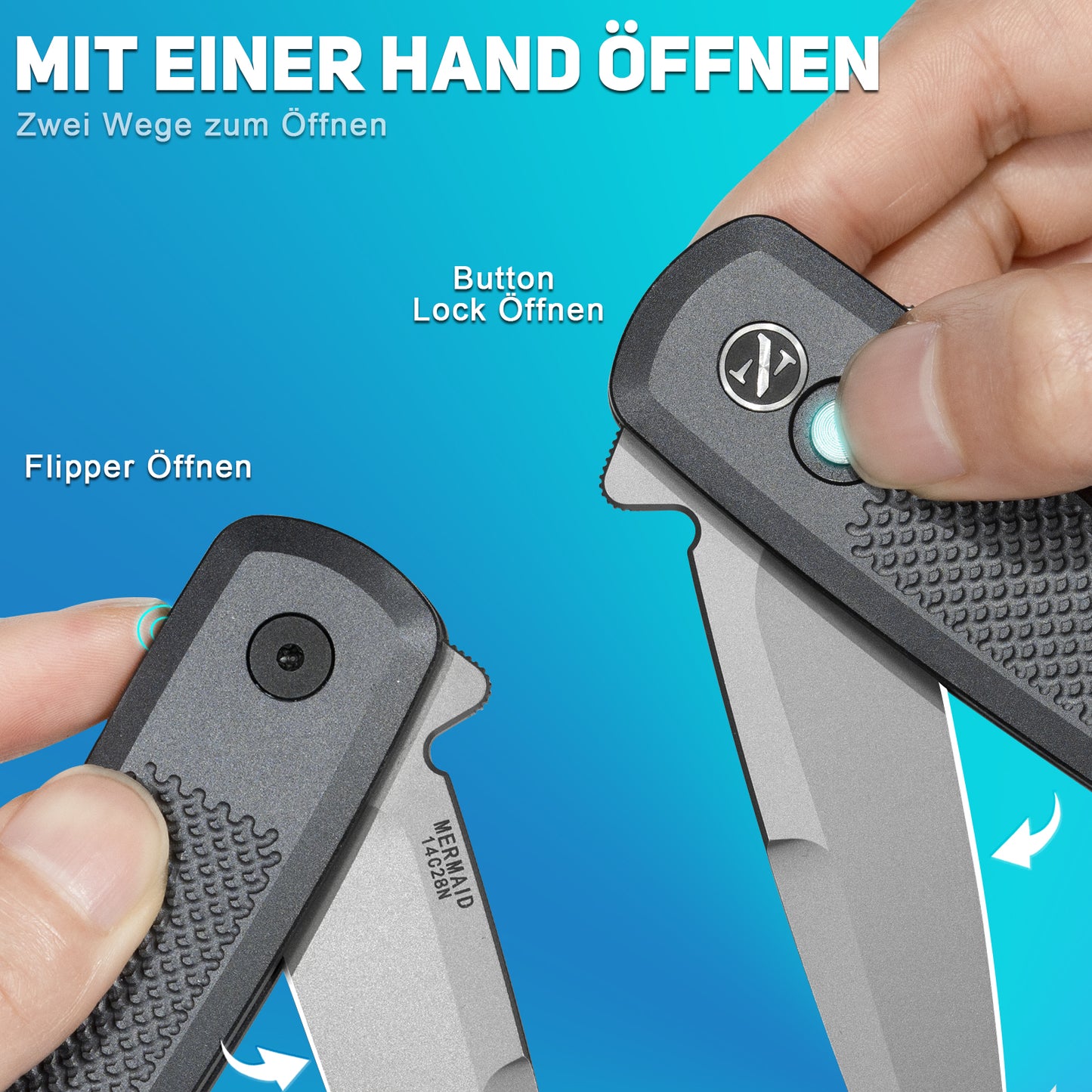 NedFoss MERMAID II Klappmesser, 8.5CM 14C28N Stahl Taschenmesser mit Button-Lock, Einhandmesser mit Aluminium-Griff, Outdoor Messer mit Gürtelclip, Survival Messer für den Alltag, Sammlung & Geschenk