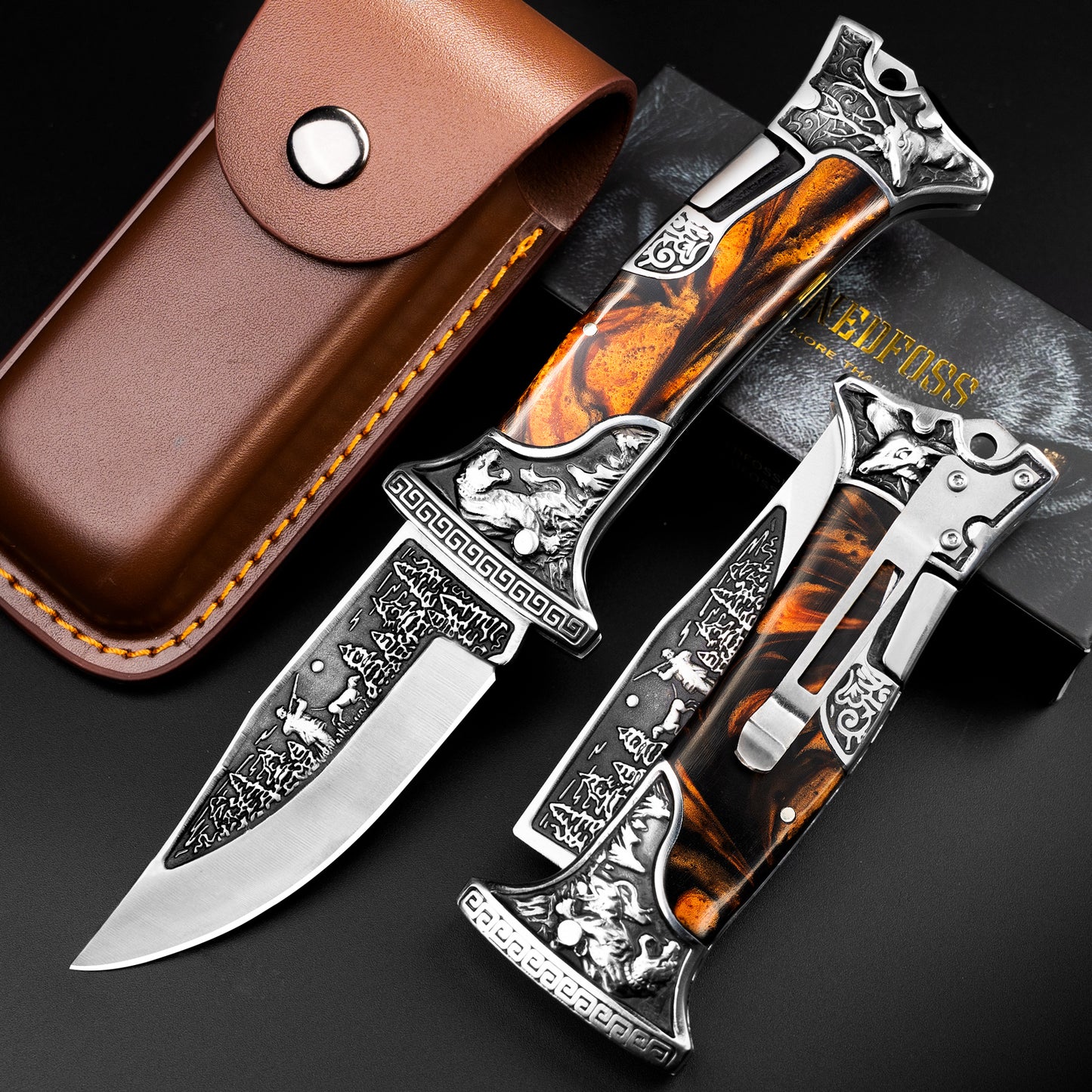 Nedfoss TIGER ROAR Zweihand- Klappmesser, TIGER ROAR Taschenmesser mit Gürtelclip, EDC Messer mit Back Lock, Outdoormesser& Jagd klappmesser in schönes Design, scharf