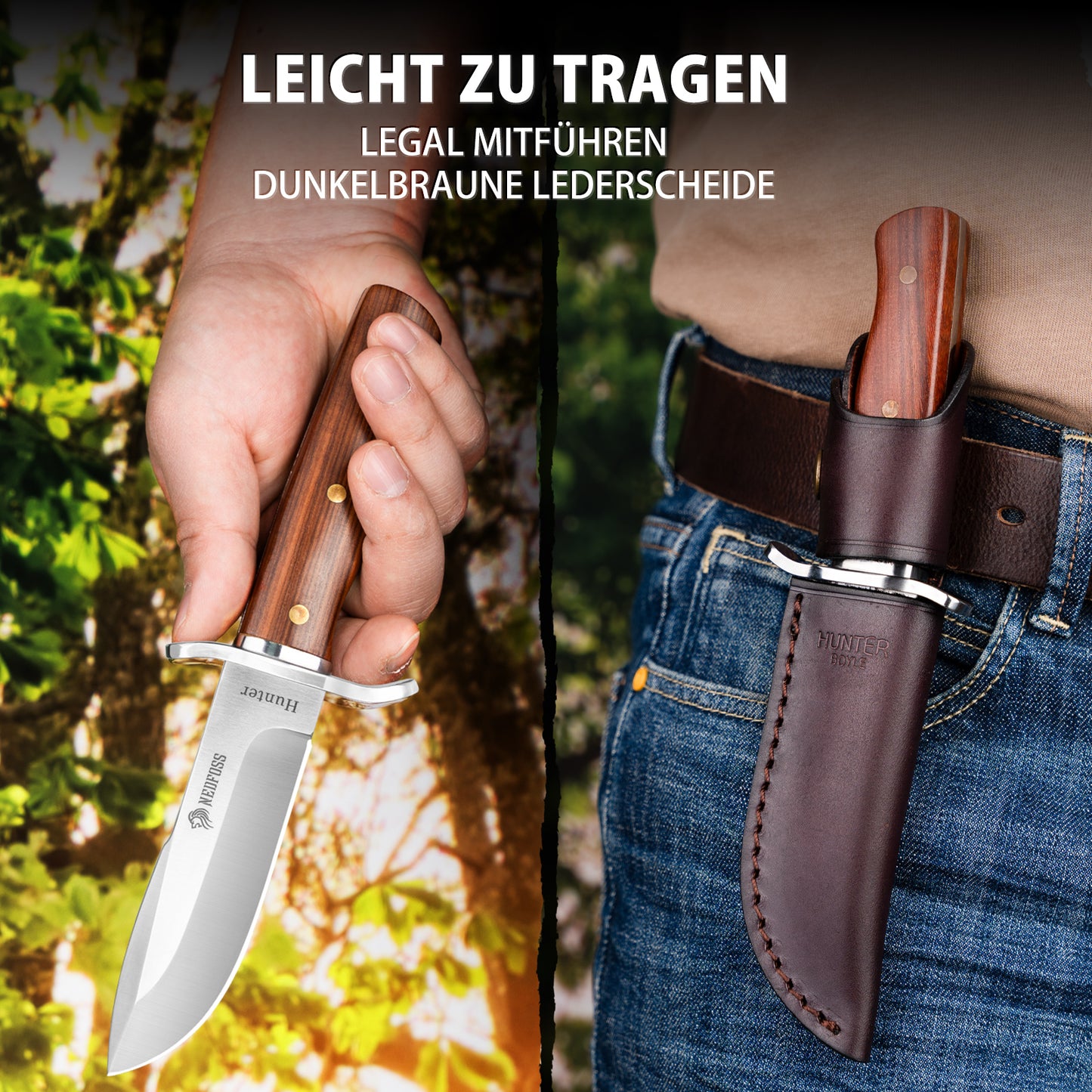 NedFoss HUNTER Jagdmesser, 11cm Bowiemesser aus D2 und Rotholzgriff mit Exquisite Ledertasche, Survival Messer für Outdoor, Extra scharf (Braun)