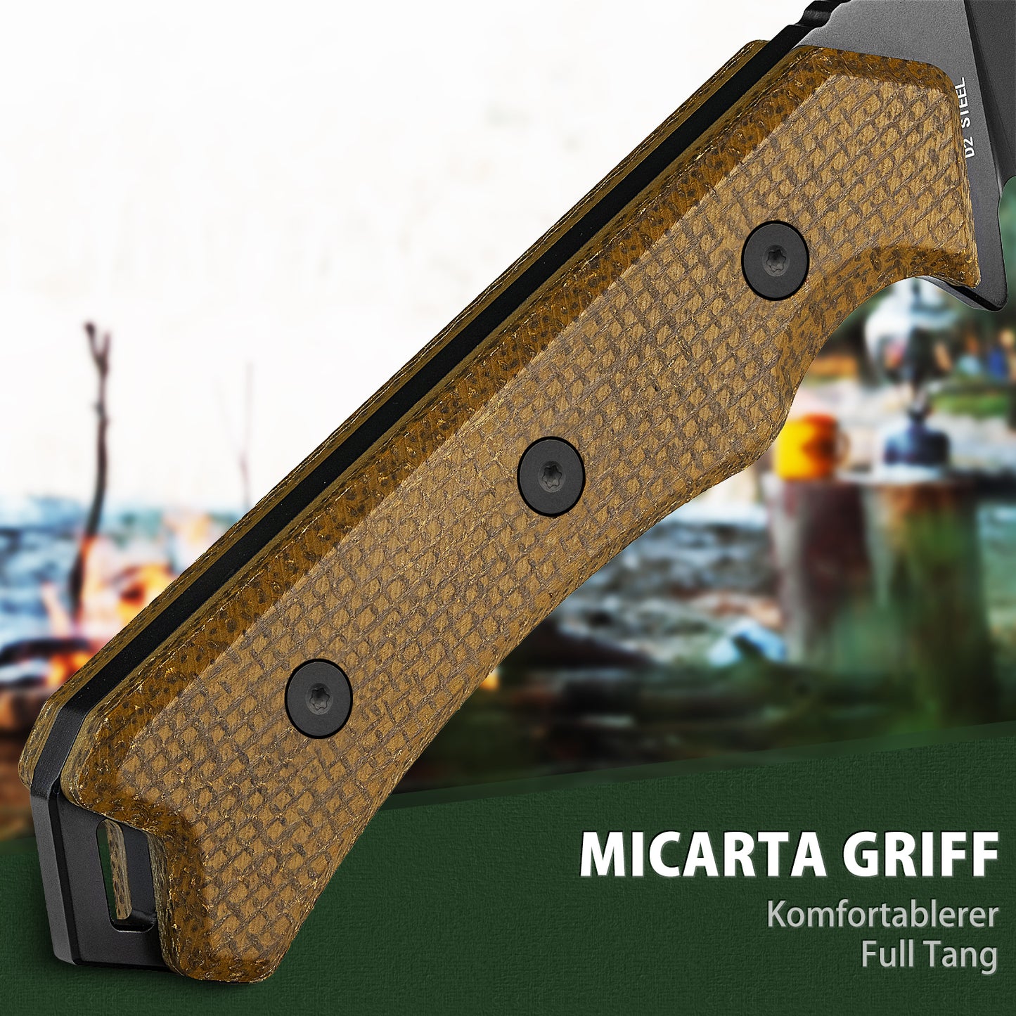 NedFoss BOAR Survival Messer, 10.5cm Full Tang D2 Stahl Outdoor Messer mit Micarta Griff, Sharfe Bushcraft Messer mit Feuerstahl, Jadgmesser mit Kydexholster, Fahrtenmesser für Camping, Angeln