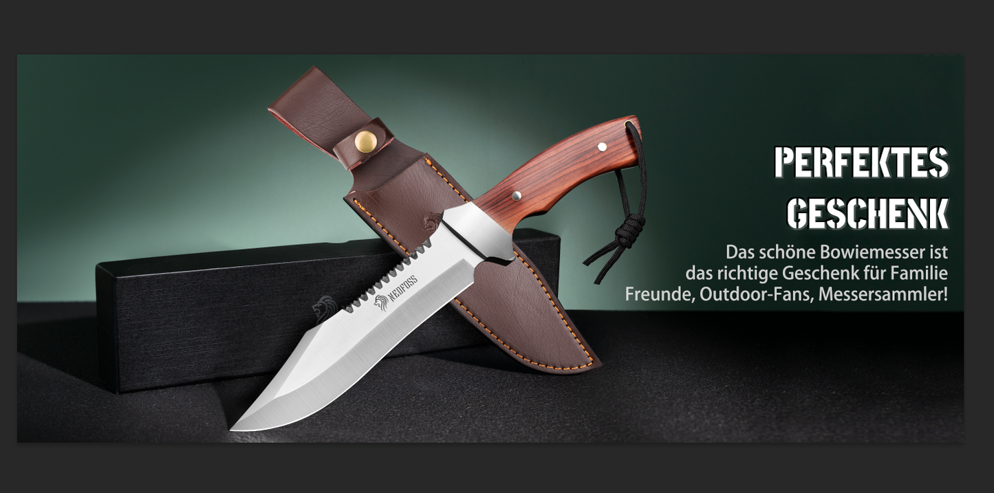 NedFoss JUNGLE-KING Jagdmesser, 33cm Messer Outdoor feststehend mit Holzgriff, Full Tang Bowiemesser mit Holster, Großes Survival messer, Rambo messer, Fahrtenmesser
