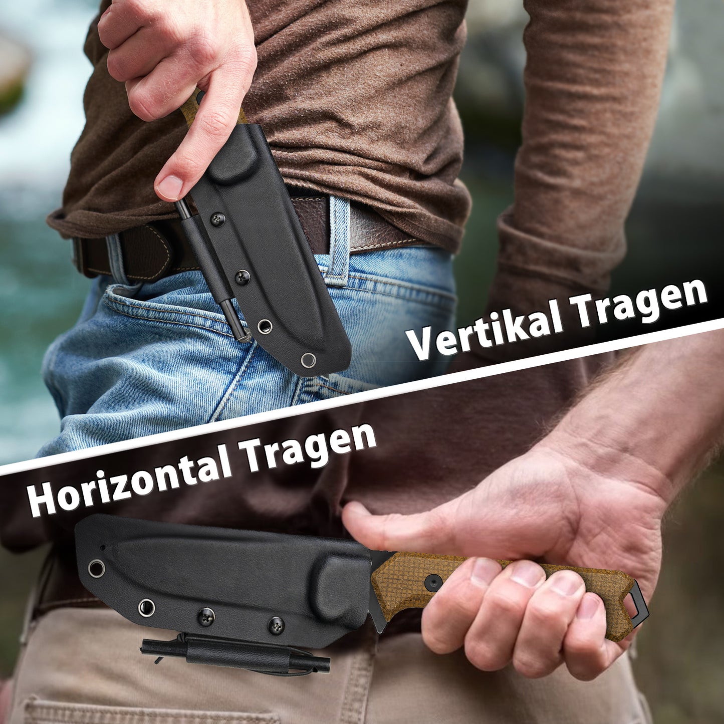 NedFoss BOAR Survival Messer, 10.5cm Full Tang D2 Stahl Outdoor Messer mit Micarta Griff, Sharfe Bushcraft Messer mit Feuerstahl, Jadgmesser mit Kydexholster, Fahrtenmesser für Camping, Angeln