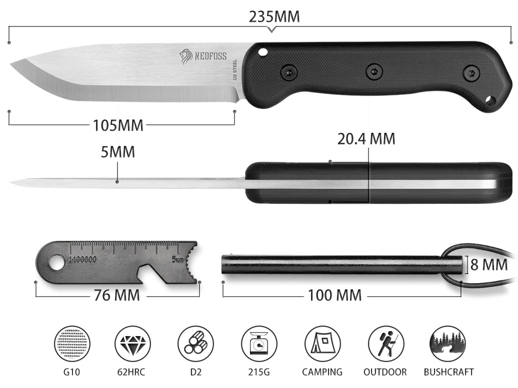 NedFoss BERGLÖWE Outdoor Messer, D2 Stahl Survival Puukko mit Skandi Schliff, 11cm Full Tang Survival Messer mit Feuerstahl, Scharfe Jagdmesser, Perfektes Bushcraft Messer, Designed in Germany