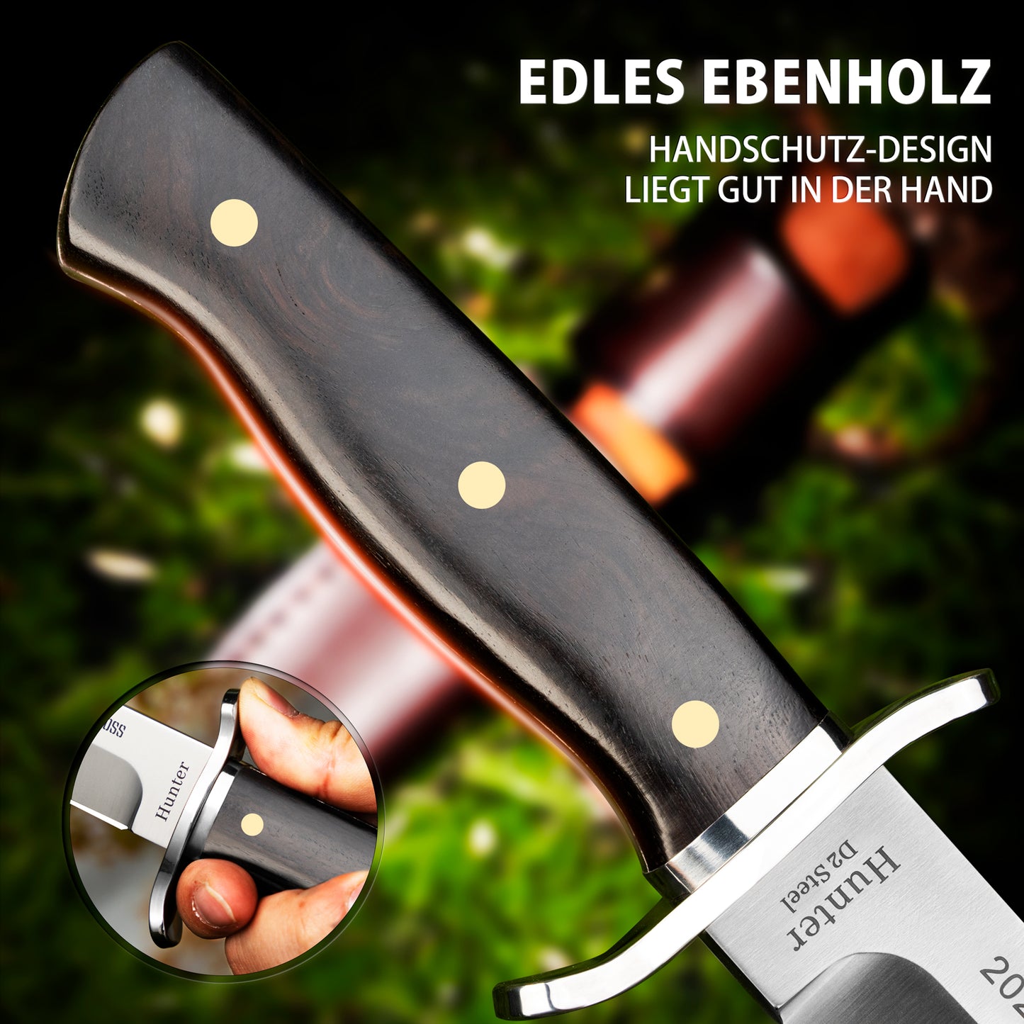 NedFoss HUNTER Jagdmesser, 11cm Bowiemesser aus D2 und Rotholzgriff mit Exquisite Ledertasche, Survival Messer für Outdoor, Extra scharf (Schwarz)