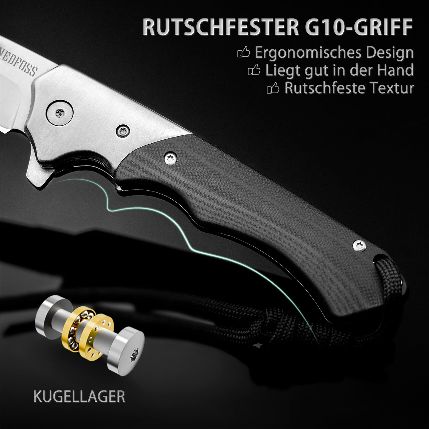 Nedfoss SWAN Klappmesser, D2 Stahl Taschenmesser mit G10 Griff, Scharfes Einhandmesser Klappmesser mit Gürtelclip