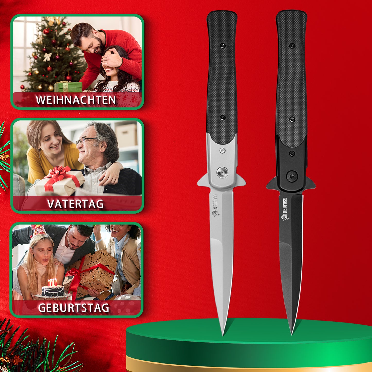 Nedfoss MERMAID Taschenmesser, 9.8cm D2 Stahl Klappmesser mit G10-Griff, Einhandmesser mit Gürtelclip, Vatertagsgeschenk