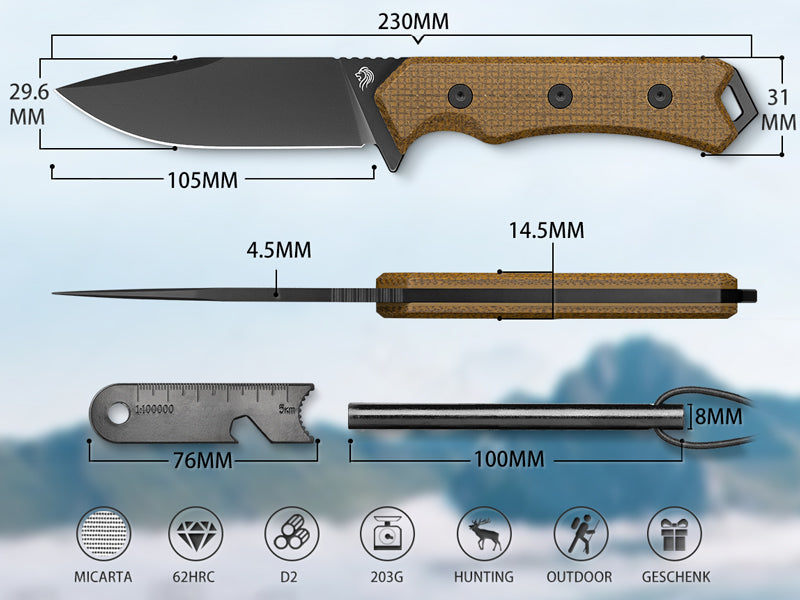 NedFoss BOAR Survival Messer, 10.5cm Full Tang D2 Stahl Outdoor Messer mit Micarta Griff, Sharfe Bushcraft Messer mit Feuerstahl, Jadgmesser mit Kydexholster, Fahrtenmesser für Camping, Angeln