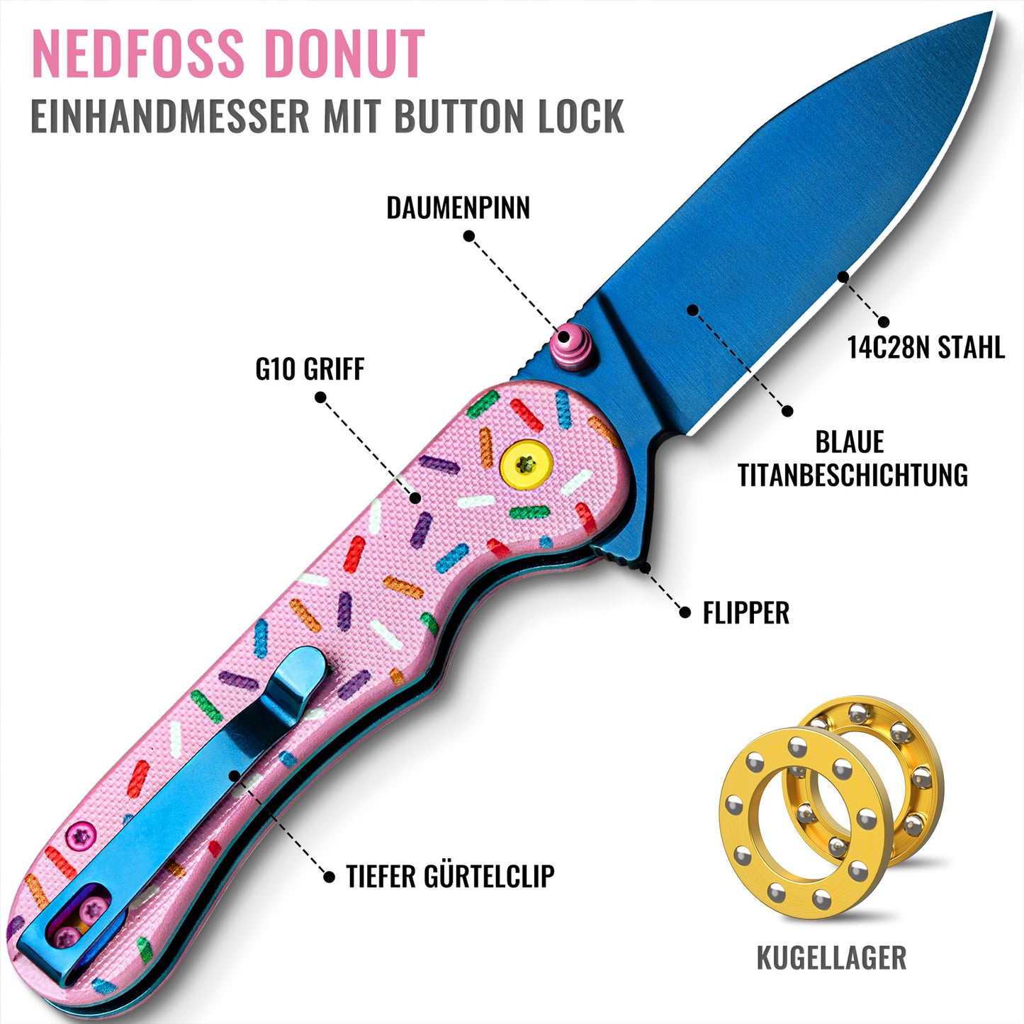 NedFoss DONUT Klappmesser, 7.5cm 14C28N Stahl Taschenmesser mit Button-Lock