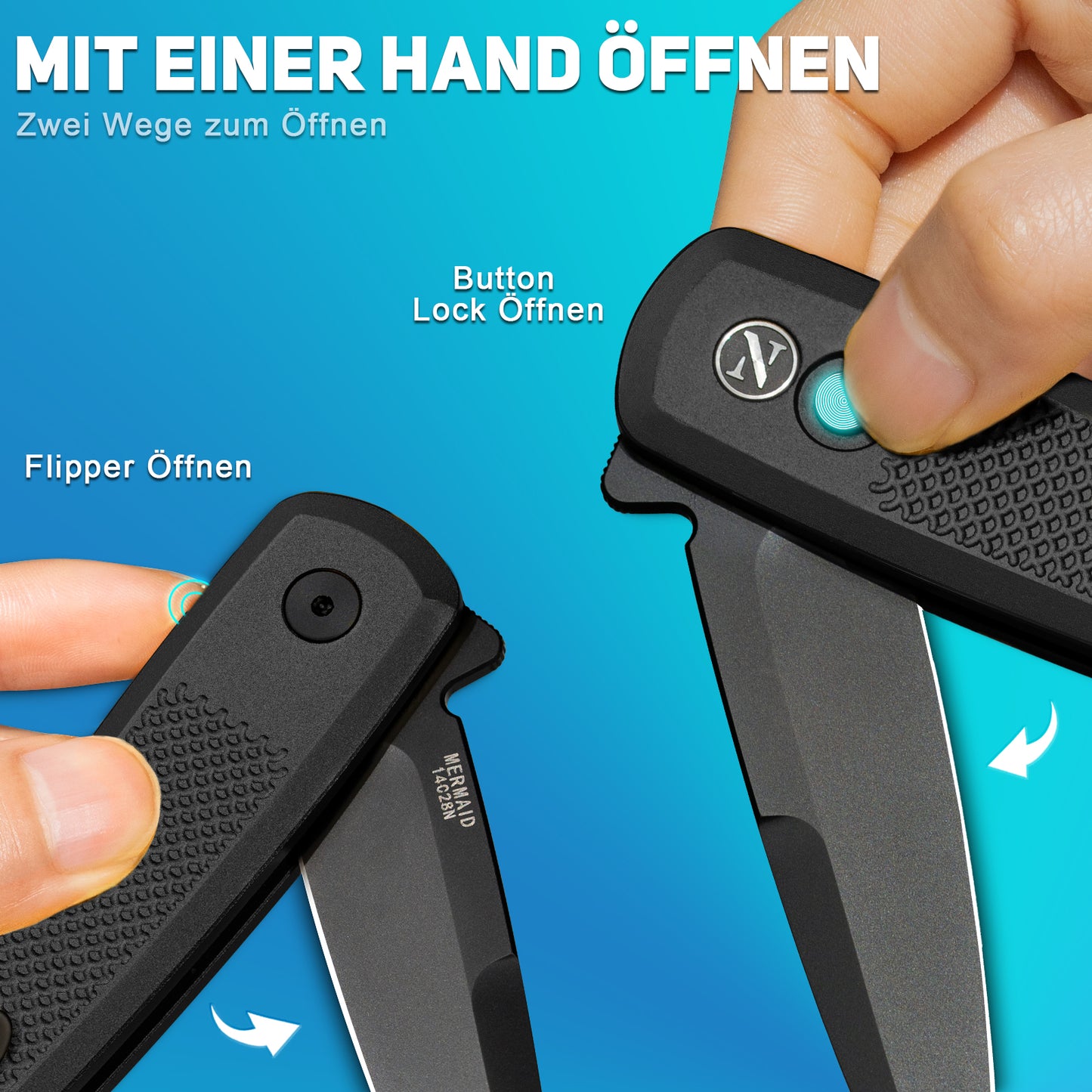 NedFoss MERMAID II Klappmesser, 8.5CM 14C28N Stahl Taschenmesser mit Button-Lock, Einhandmesser mit Aluminium-Griff, Outdoor Messer mit Gürtelclip, Survival Messer für den Alltag, Sammlung & Geschenk