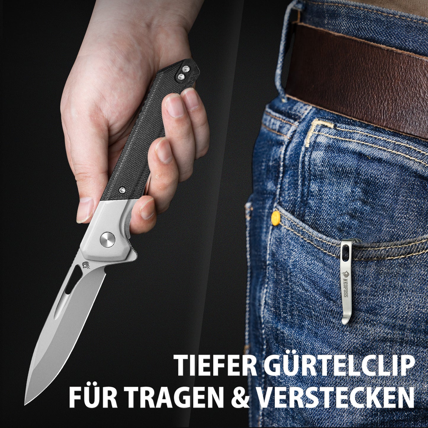 Nedfoss ELF Klappmesser, Scharfes Taschenmesser aus D2 Stahl und G10 Griff, EDC messer mit Gürtelclip