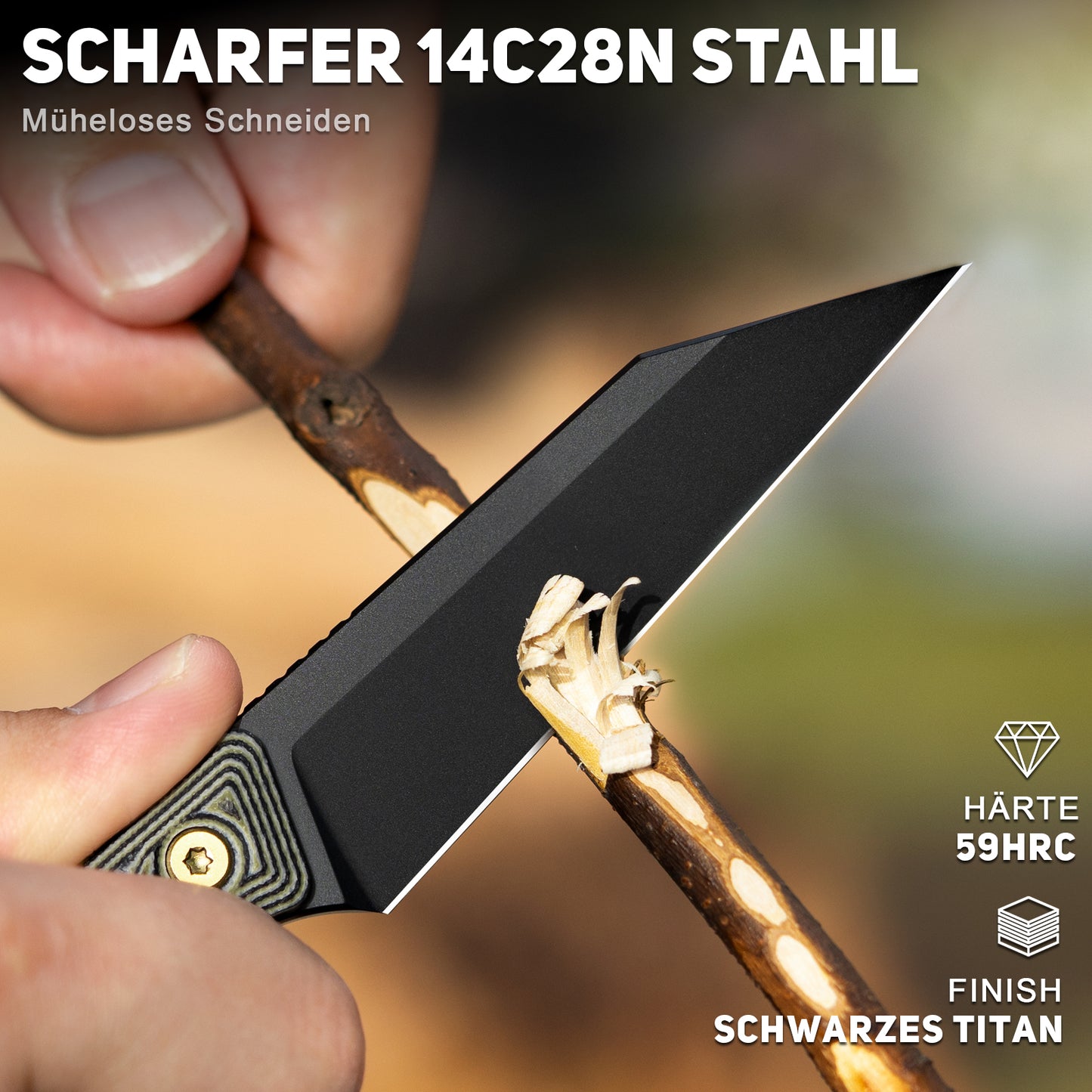 NedFoss RAVEN Jagdmesser, 8.5cm 14C28N Stahl Full Tang legales Outdoor Messer mit G10 Griff & Verstellbarer Clip, Kleines Survival Messer mit Kydexscheide, Bushcraft messer 42a konform, Edc Messer