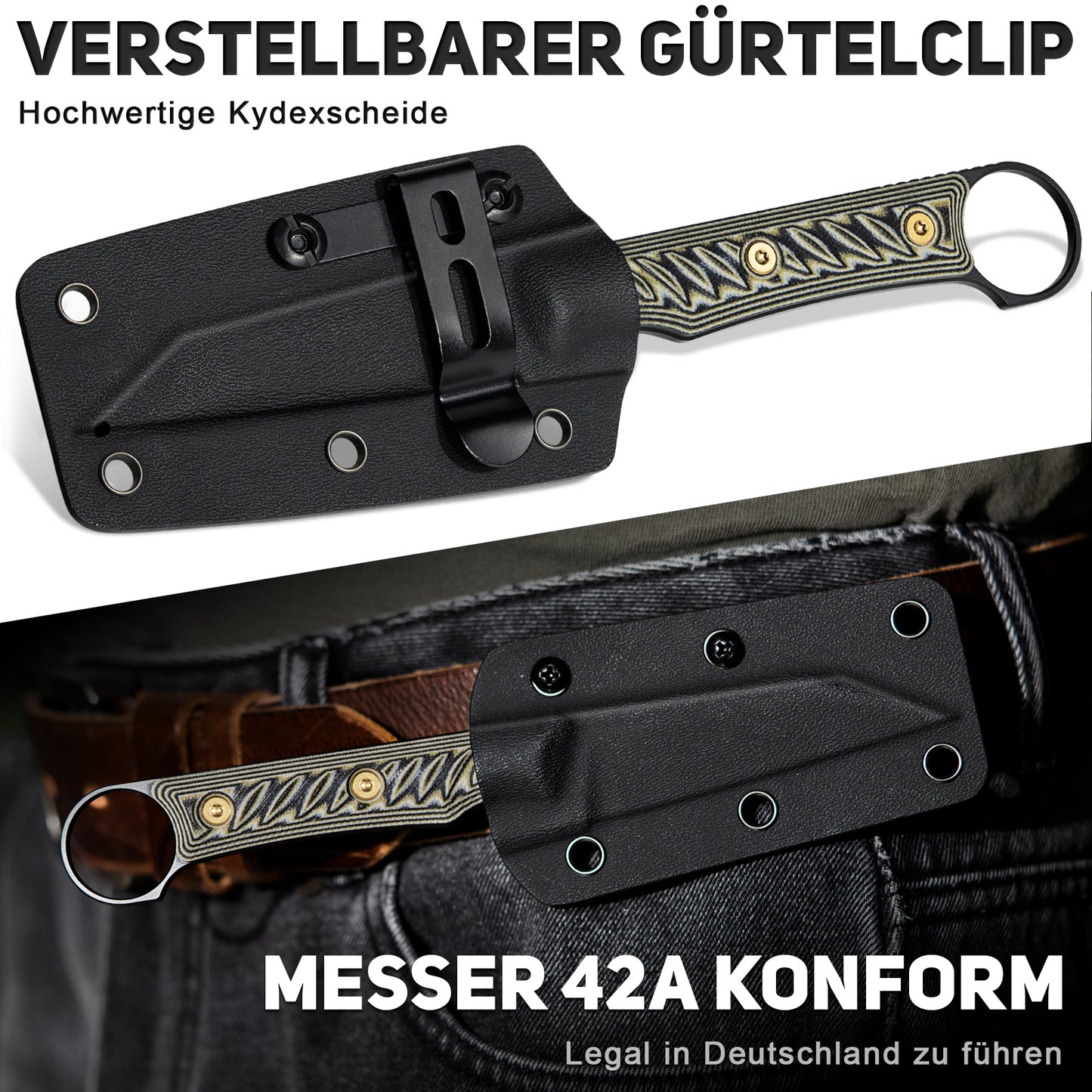 NedFoss RAVEN Jagdmesser, 8.5cm 14C28N Stahl Full Tang legales Outdoor Messer mit G10 Griff & Verstellbarer Clip, Kleines Survival Messer mit Kydexscheide, Bushcraft messer 42a konform, Edc Messer