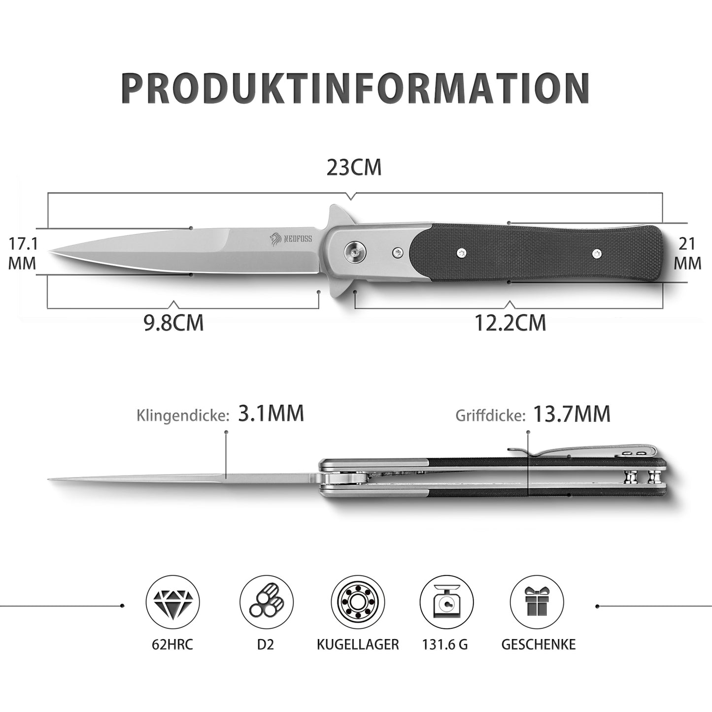 Nedfoss MERMAID Taschenmesser, 9.8cm D2 Stahl Klappmesser mit G10-Griff, Einhandmesser mit Gürtelclip, Vatertagsgeschenk