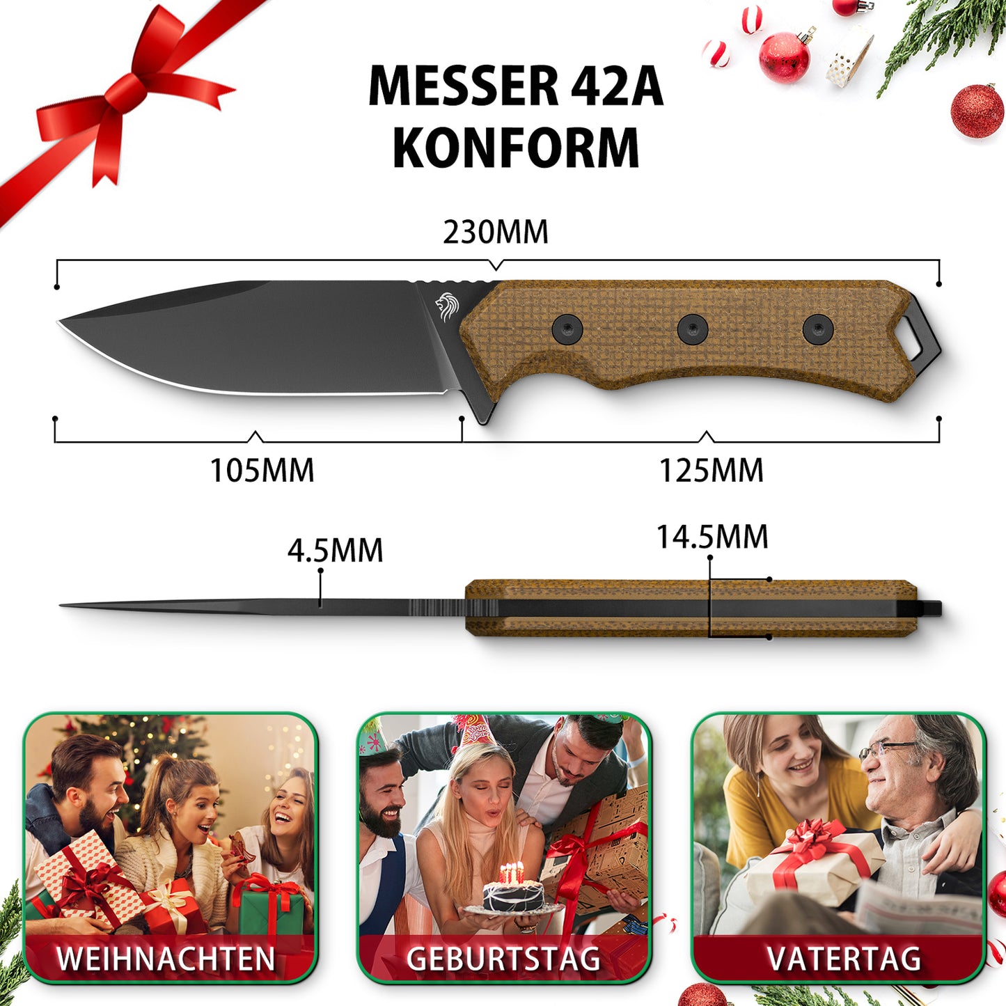 NedFoss BOAR Survival Messer, 10.5cm Full Tang D2 Stahl Outdoor Messer mit Micarta Griff, Sharfe Bushcraft Messer mit Feuerstahl, Jadgmesser mit Kydexholster, Fahrtenmesser für Camping, Angeln